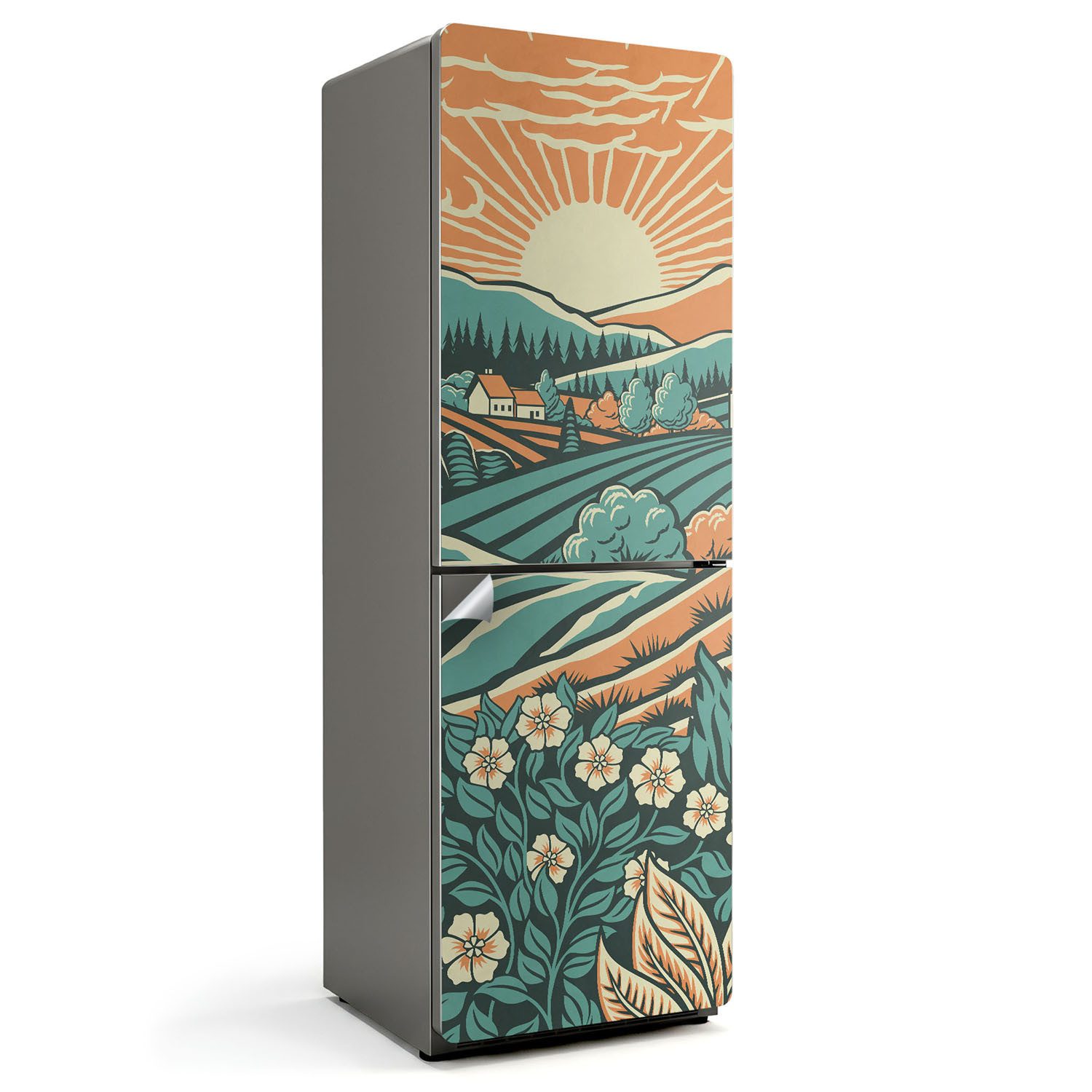 Tulup Möbelfolie Orange Selbstklebend Tür Kühlschrank Aufkleber, Sonnenaufgang Wiese