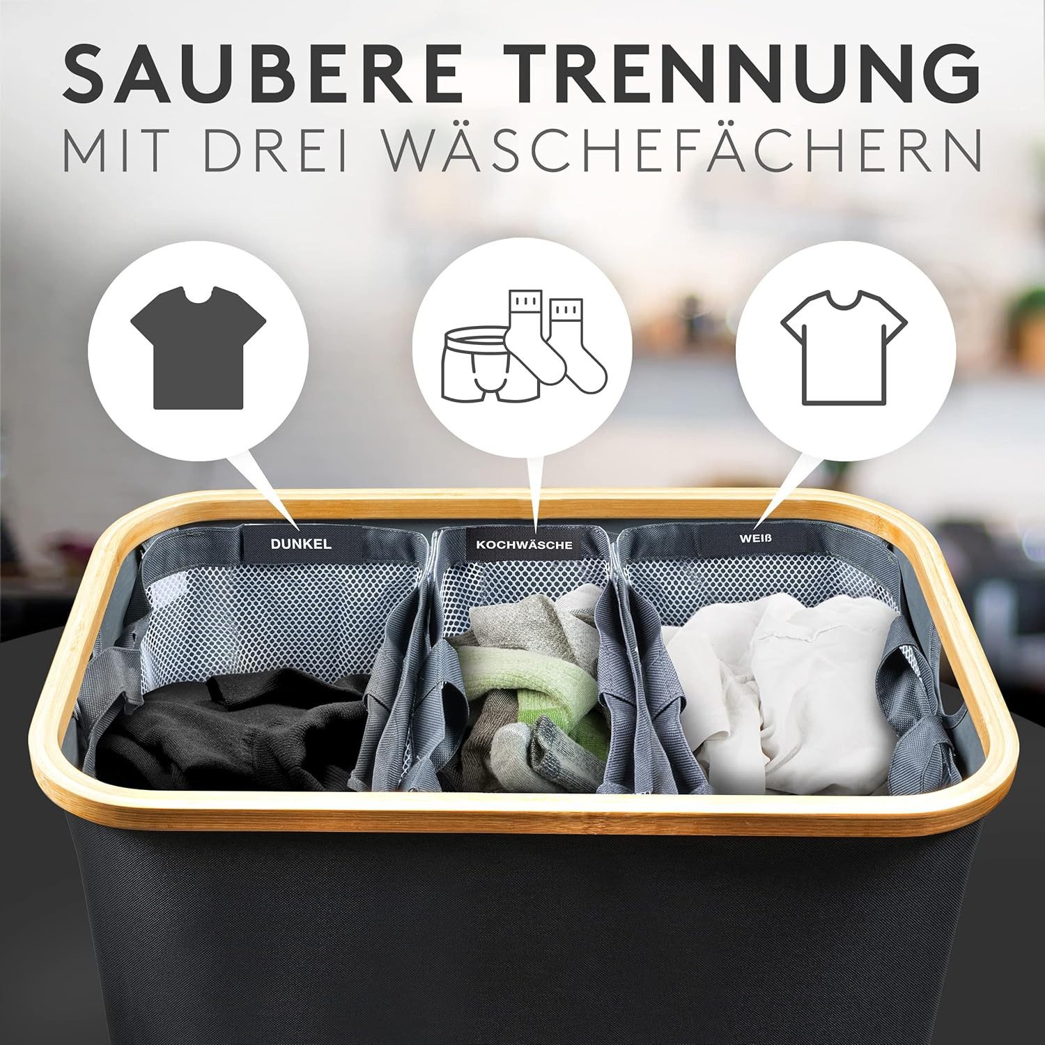 Falkenwerk Wäschekorb 3 Fächer Wäschesammler mit Deckel, wasserabweisend & günstig online kaufen