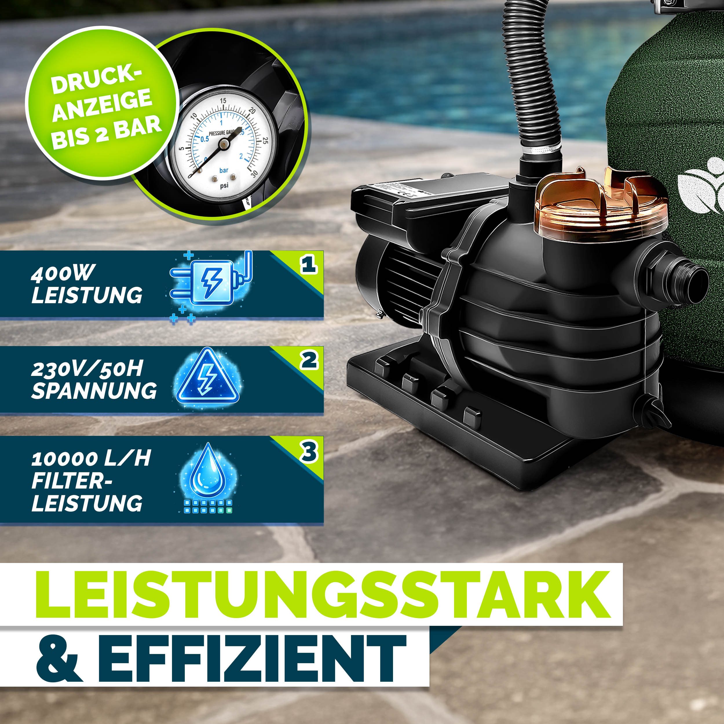 tillvex Sandfilteranlage 10 m³/h Filteranlage + 800g Filterbälle 7-Wege Ventil Poolfilter, Filterkessel mit Druckanzeige Sandfilter für Pool und Schwimmbecken – Bild 4 von 5