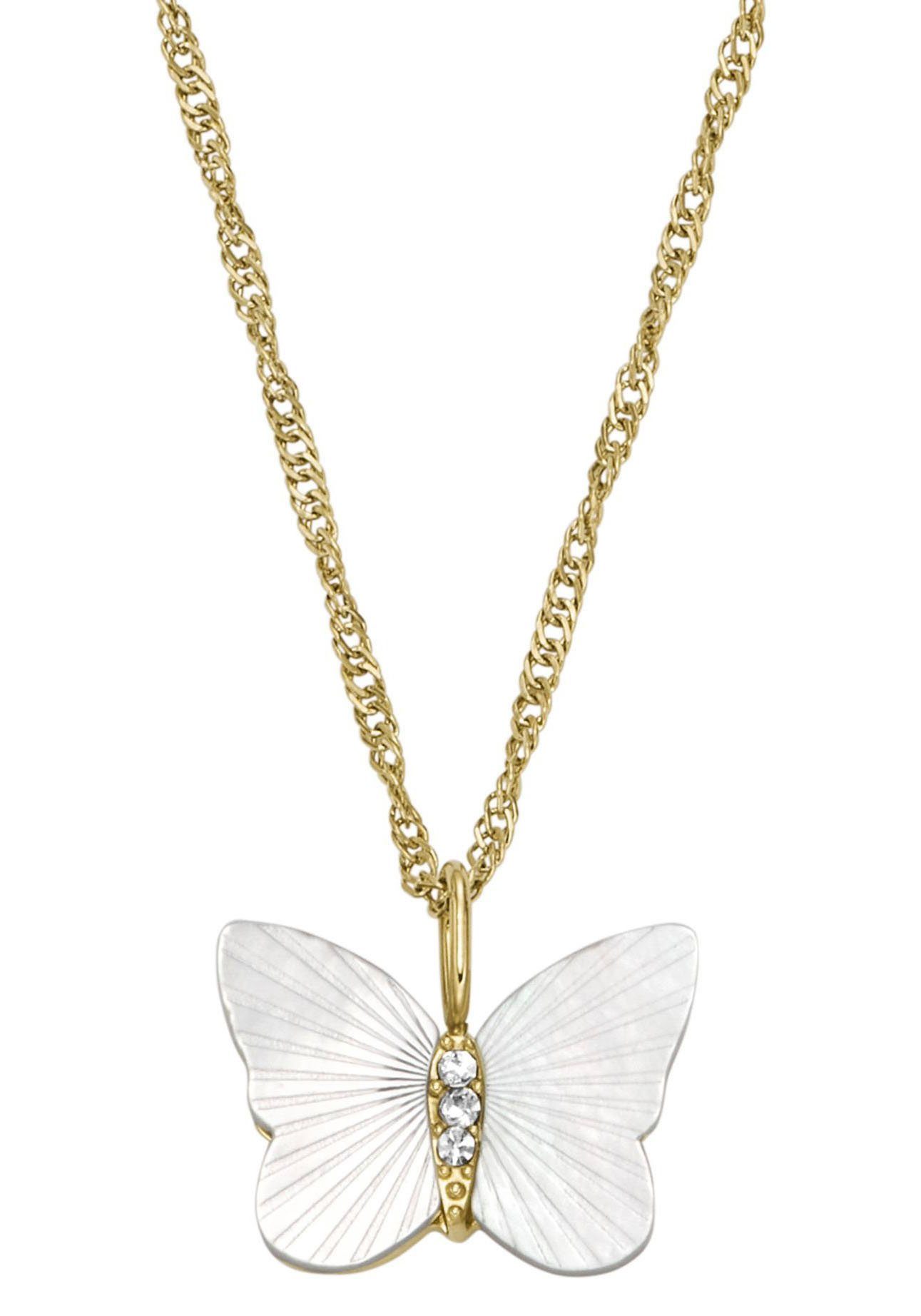 Fossil Kette mit Anhänger Schmuck Geschenk Edelstahl Halskette JEWELRY Schmetterling, mit Zirkonia (synth) - mit Perlmutt