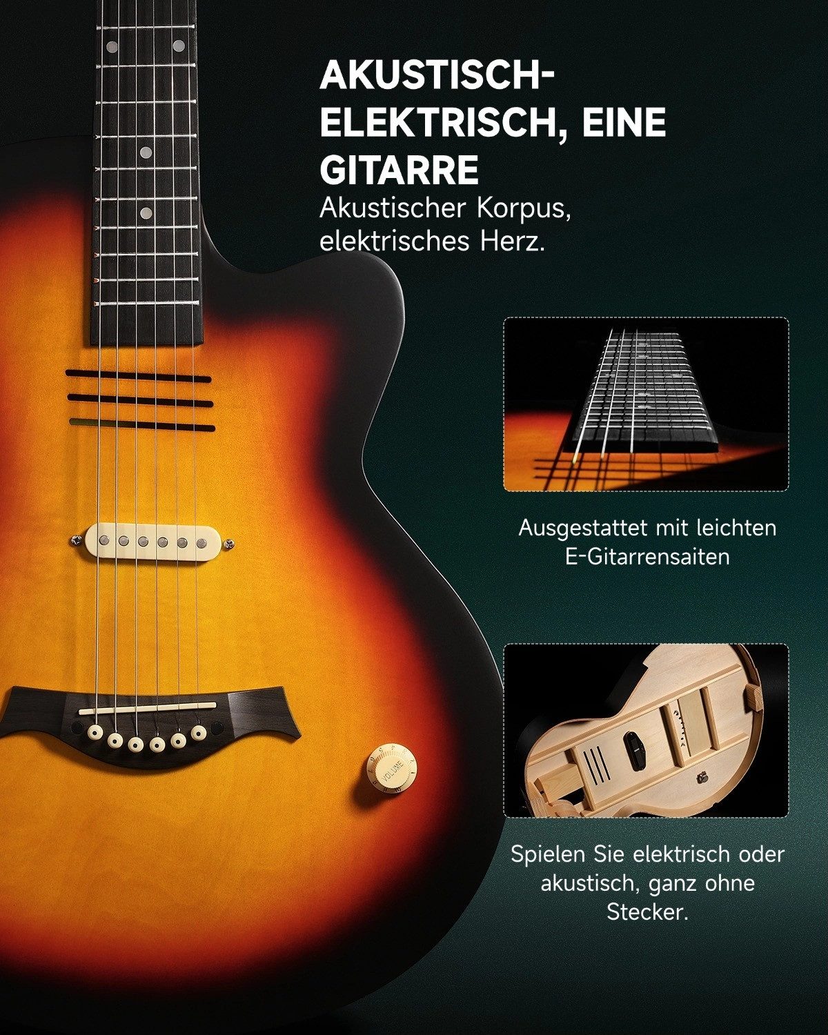 Moukey Akustikgitarre BCC-100 Westerngitarre elektrisch Komplettset inkl. Gigbag Stimmgerät, LP, mit Gigbag, Gurt, Stimmgerät, Schlagbrett, für Anfänger in voll – Bild 5 von 5