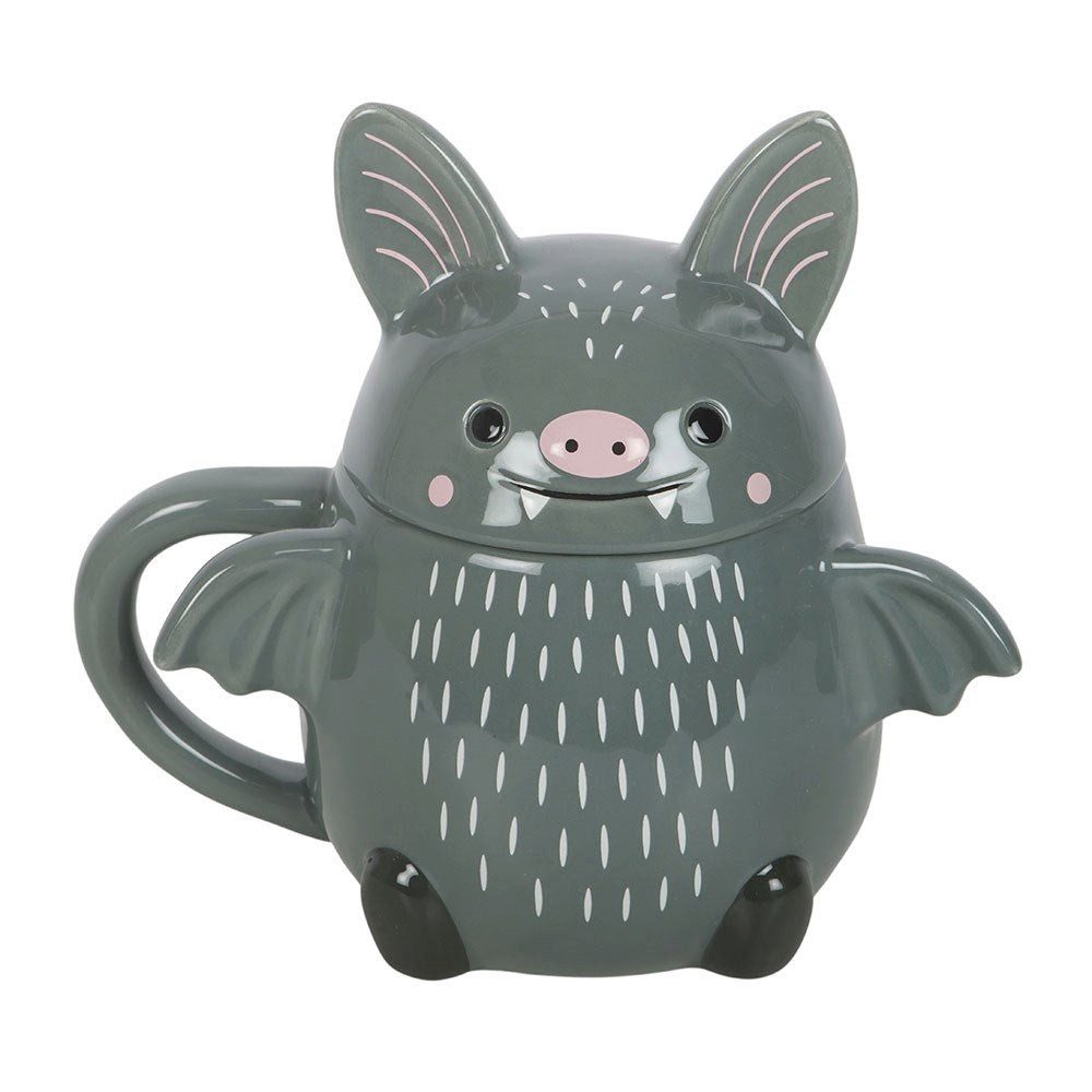 Something Different Tasse Kawaii süße Fledermaus Tasse Bat Mug in grau-schwarz mit Deckel