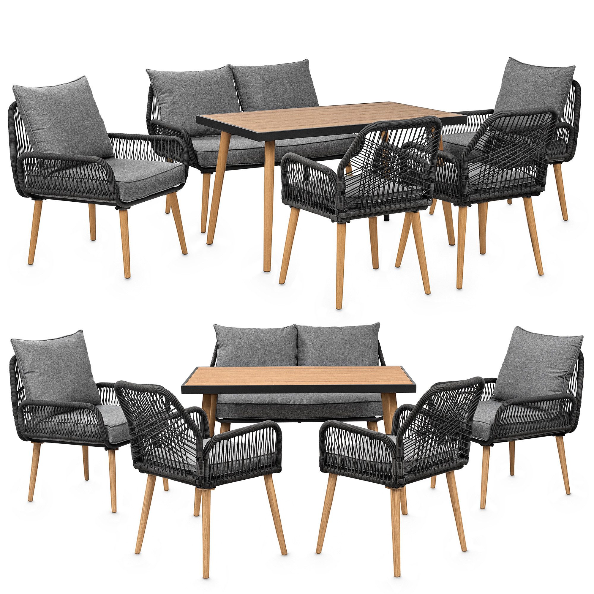 Swing&Harmonie Gartenlounge-Set für 4-6 Personen mit Tisch, Sofa, Стулья, (wetterfest, WPC-Tischplatte, Seilgeflecht Lounge, inkl. Kissen Sienna Garten Sitzgruppe)