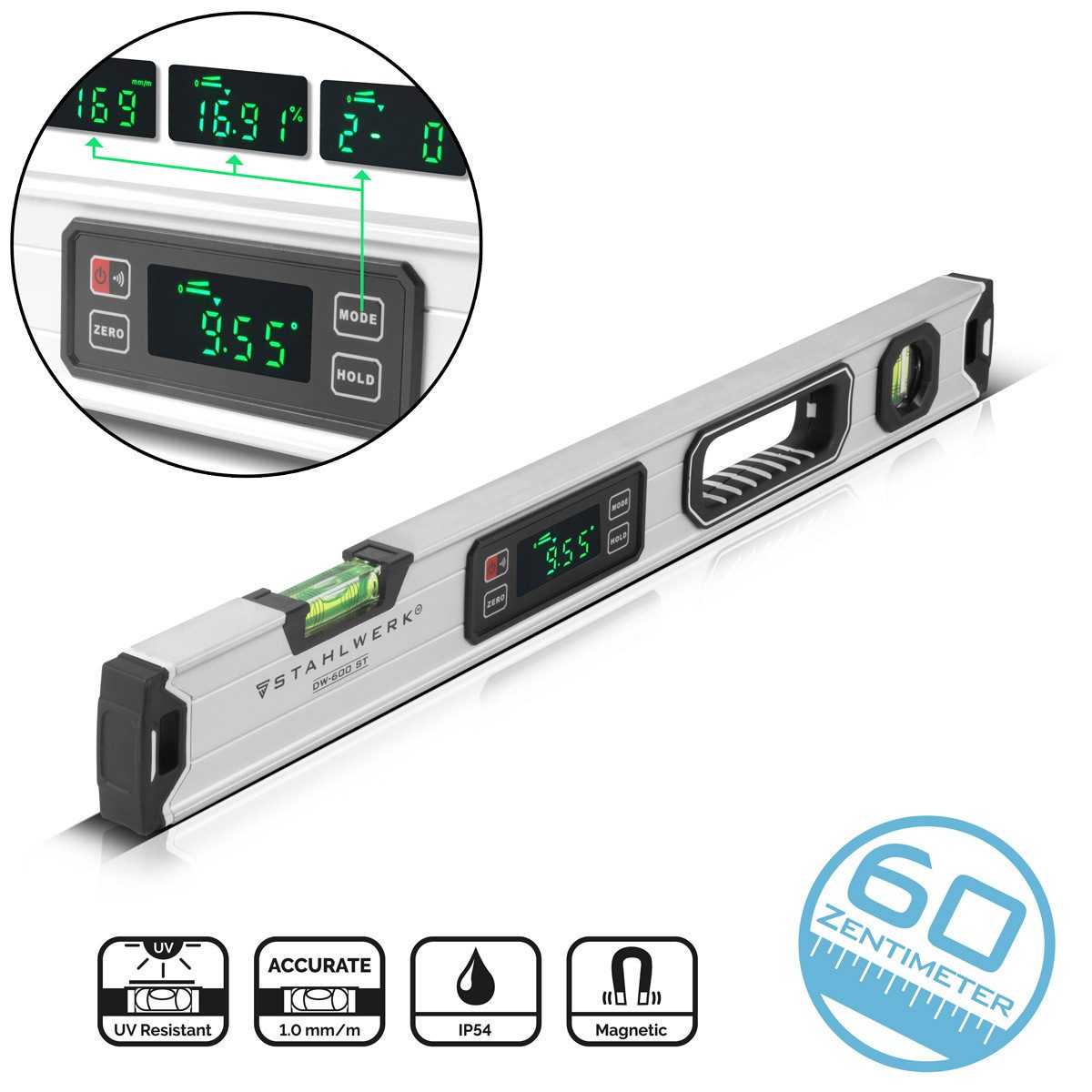 STAHLWERK Wasserwaage Digitale Wasserwaage DW-600 ST aus Aluminium, (Packung, 1 St., Einzelgerät), Digital