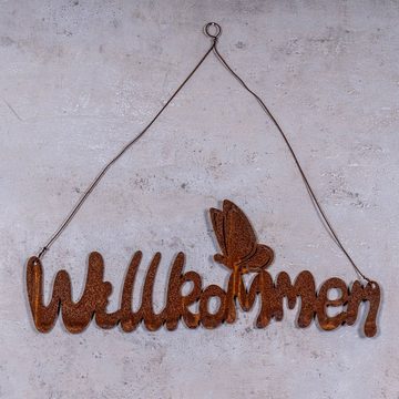 Levandeo® Deko-Schriftzug, Schild Willkommen 38x14cm Gartendeko Türschild Edelrost Schmetterling