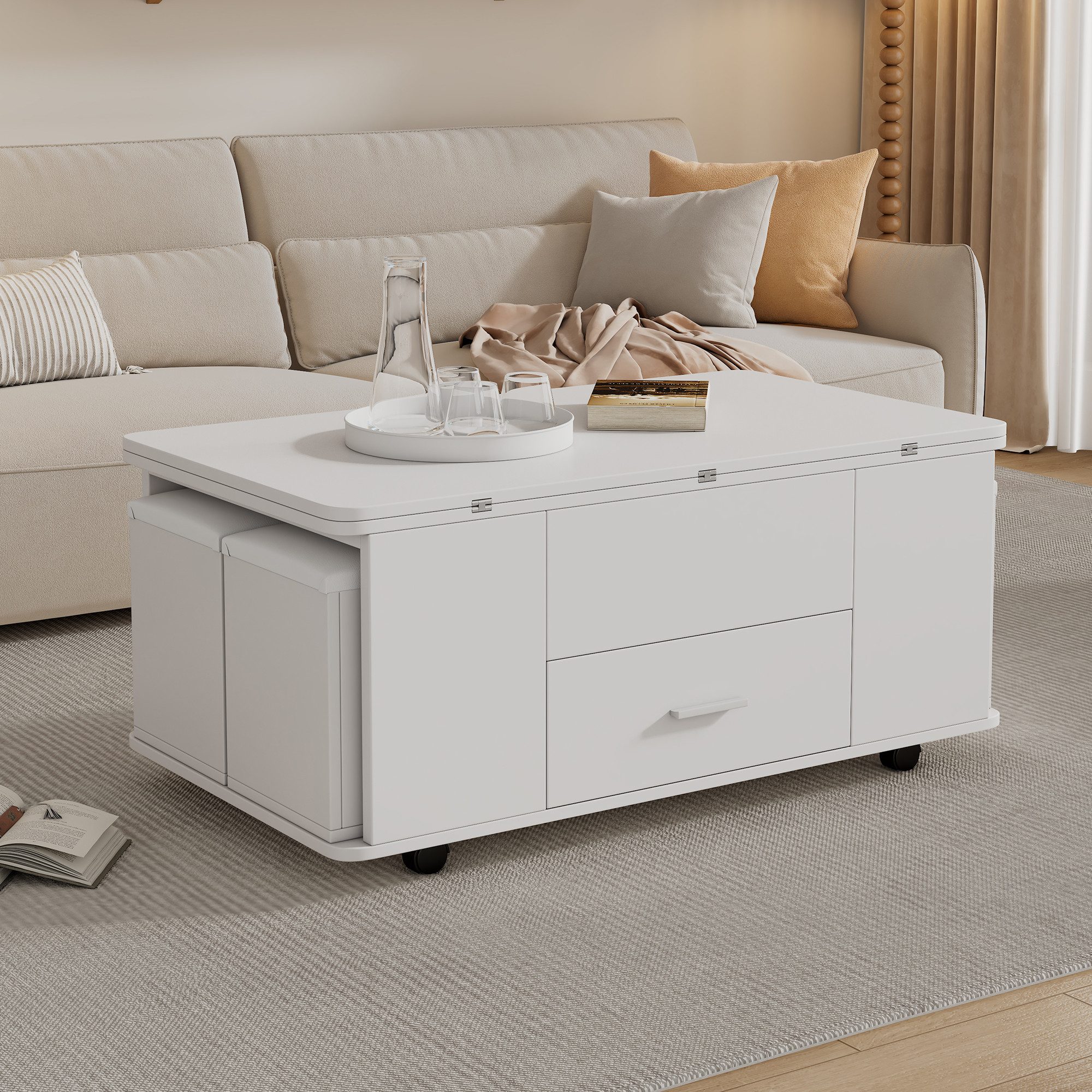 Merax Couchtisch 4-in-1 höhenverstellbarer Sofatisch mit ausklappbarer Tischplatte (1-St., wandelbar vom Sofatisch zum Esstisch), Wohnzimmertisch mit Schublade, – Bild 4 von 5
