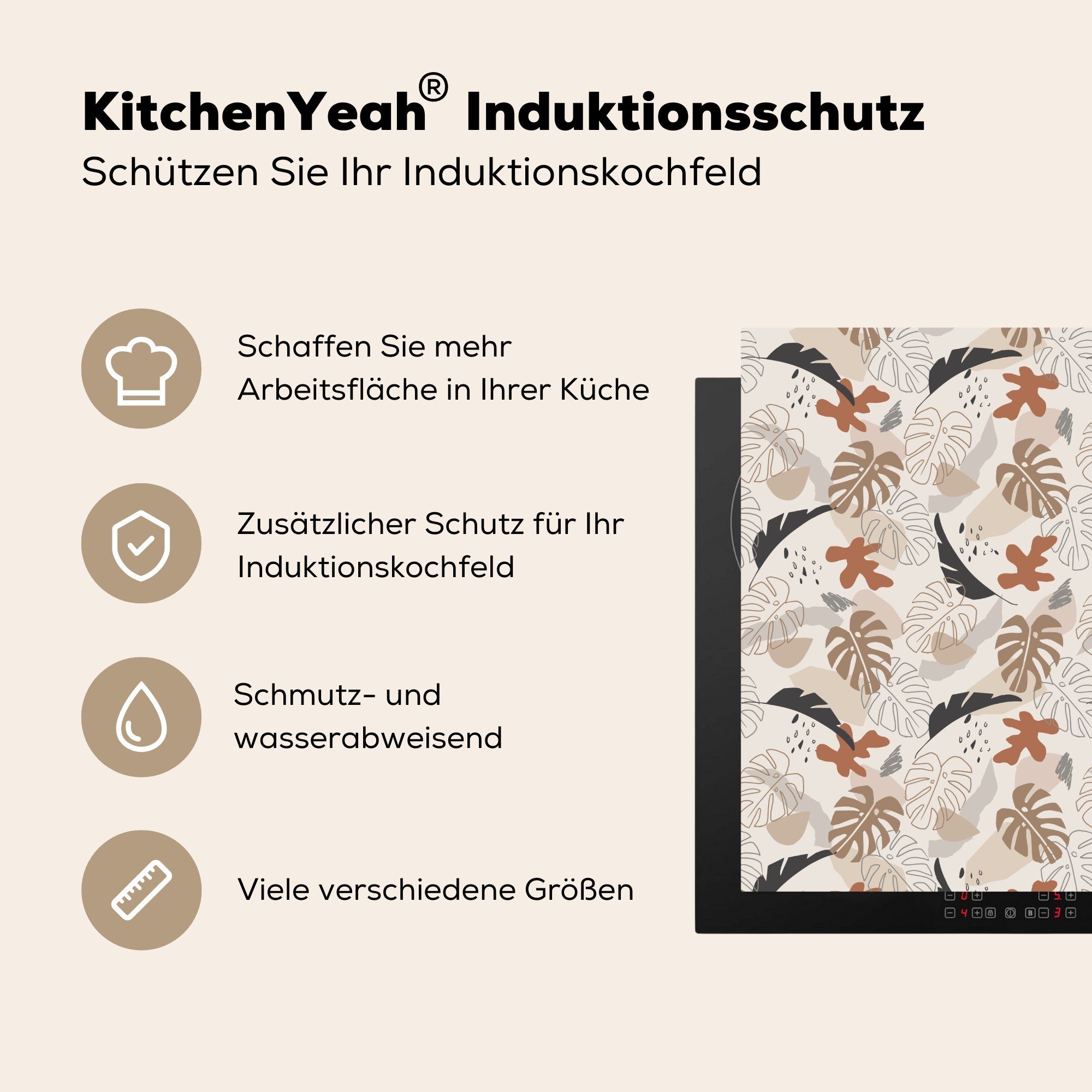 Arbeitsplatte Herdblende-/Abdeckplatte - tlg), - cm, Blätter Sommer für küche Vinyl, Ceranfeldabdeckung, (1 MuchoWow 78x78 Abstrakt,