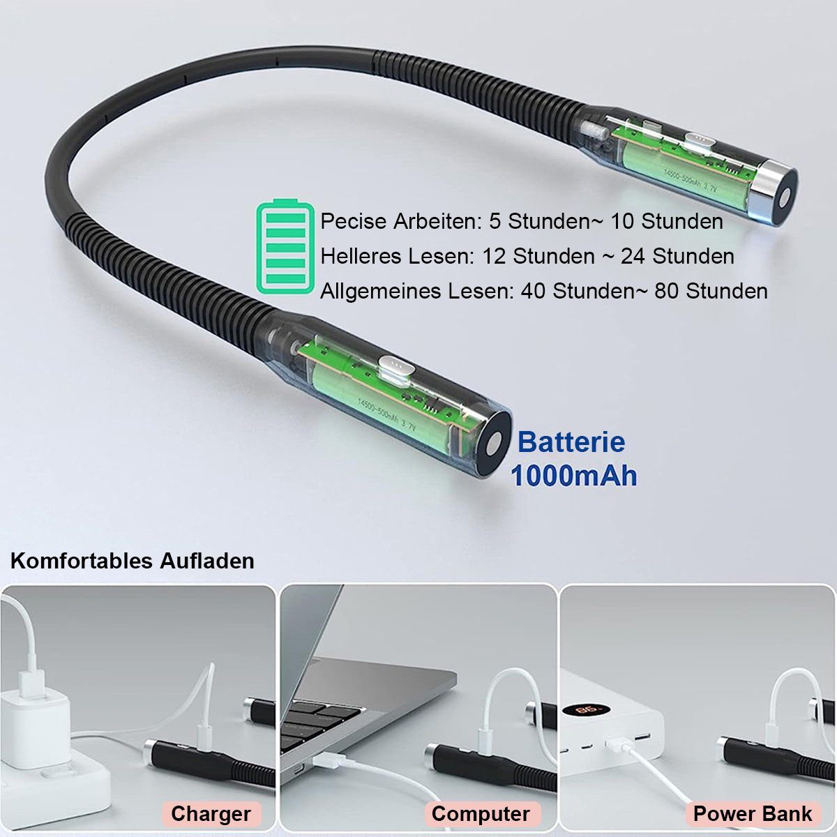 Jibenhome LED Leselampe Hals Leselampen, mit 3 Farben Buchlampe Aufladbar Leselicht Halslampe, für Lesen Stricken Häkeln Nähen Reparieren, Flexibel 3000K 4500K  – Bild 4 von 5