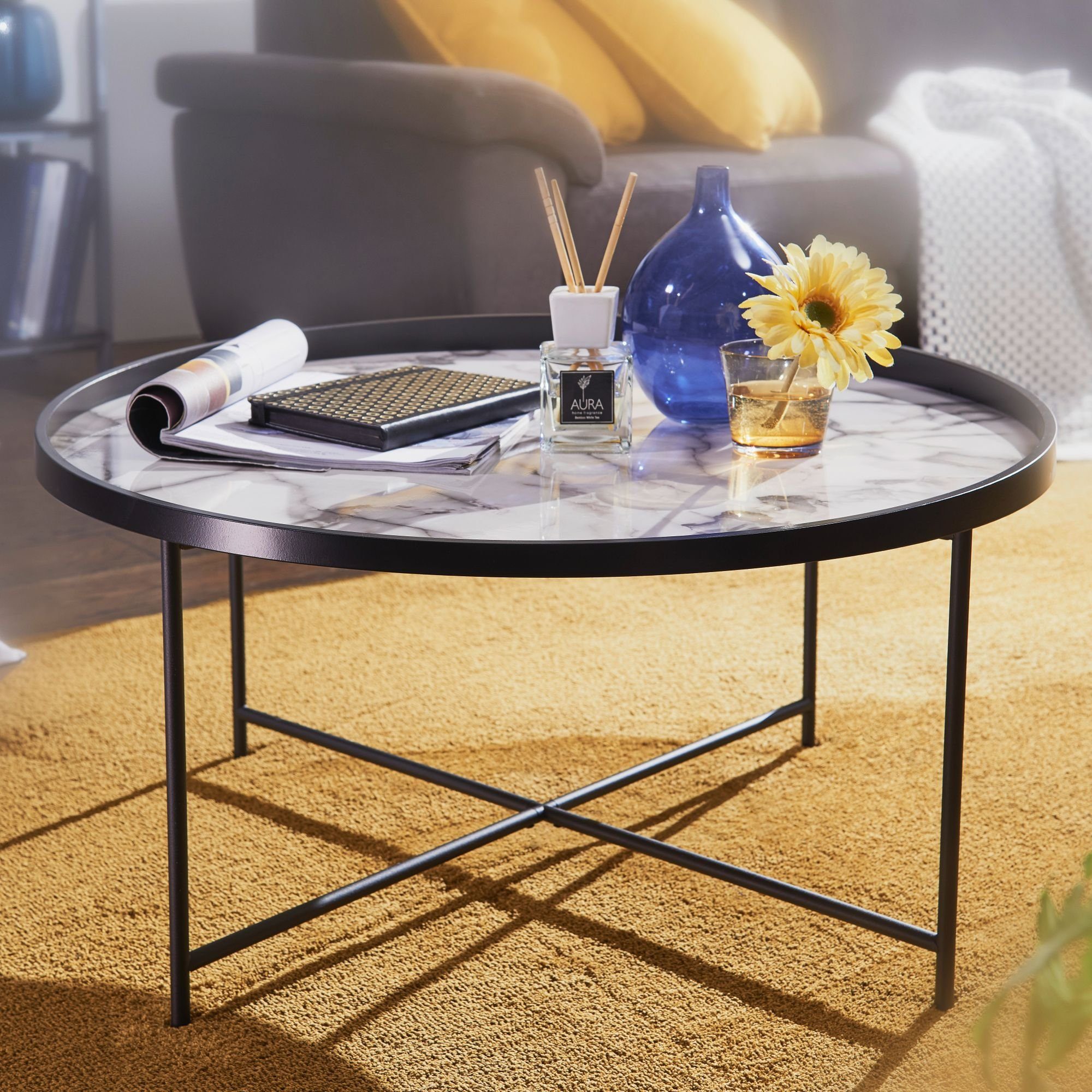 möbelando Couchtisch Design Couchtisch Rund Ø 76 cm mit Marmor Optik, Design Couchtisch Rund Ø 76 cm mit Marmor Optik Weiß, Wohnzimmertisch Metallbeine Schwarz, Beistelltisch