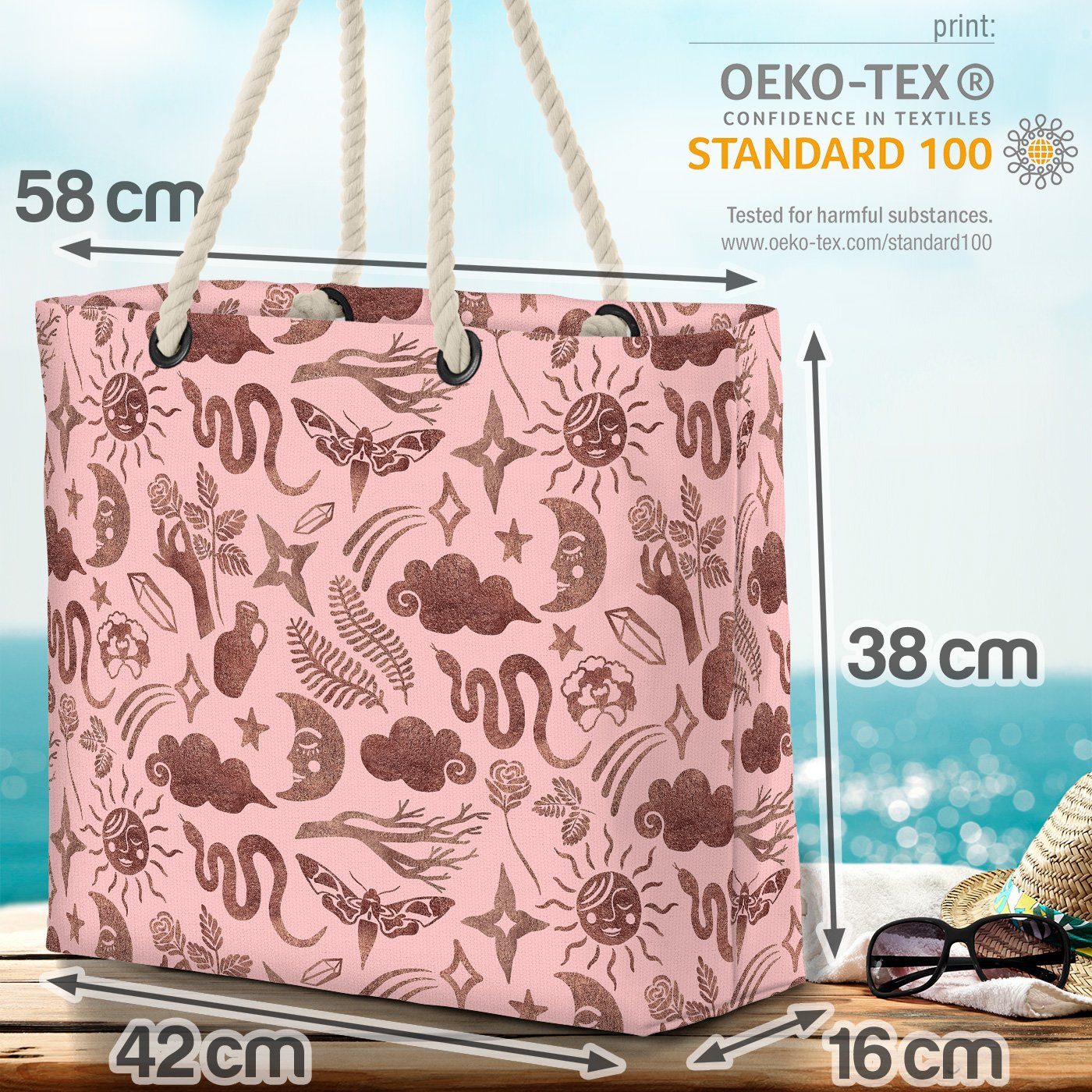 Sonne Blumen Sterne Schlange (1-tlg), nat Rosa Gesicht Strandtasche Mond Himmel Rose VOID Sterne