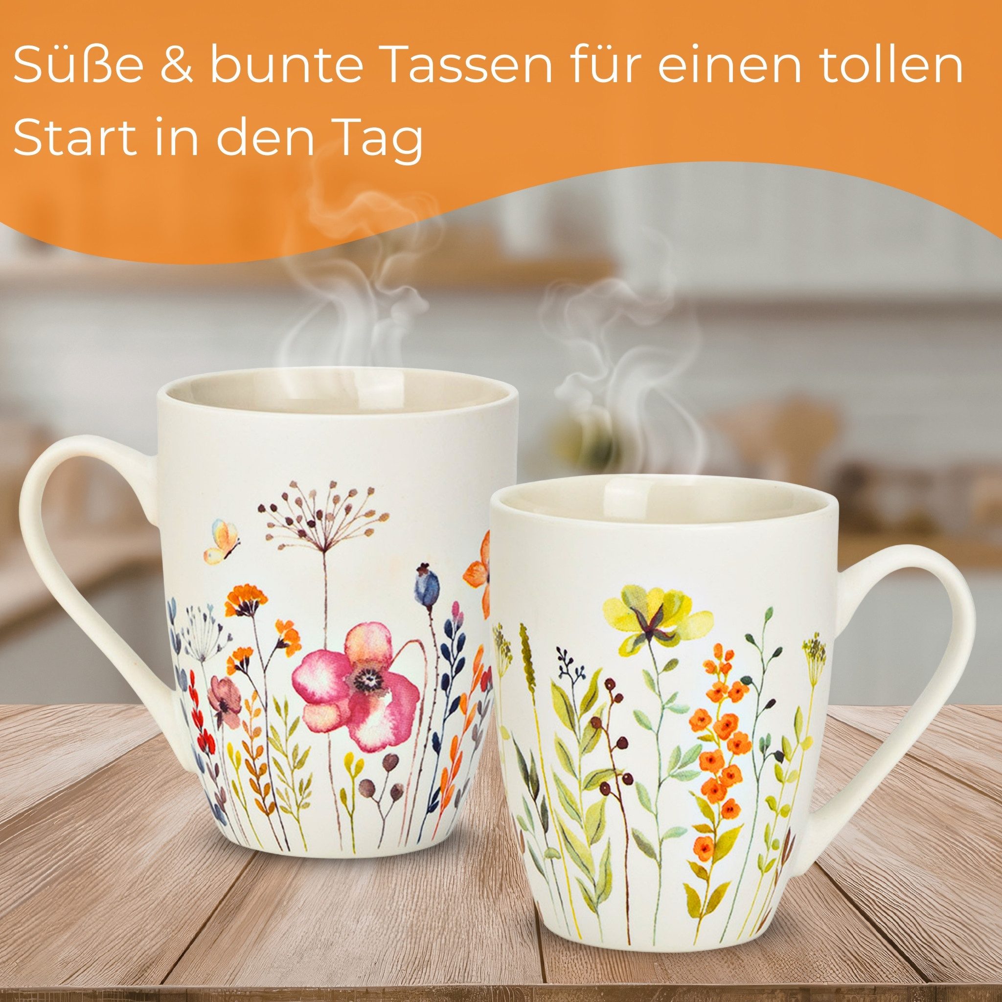 matches21 HOME & HOBBY Tasse Kaffeetassen Blumen Dekor, 4er Set Kaffeetasse Weiß, 4-tlg., Porzellan, Frühstückstasse 275 ml mit Floralem Design – Bild 4 von 5