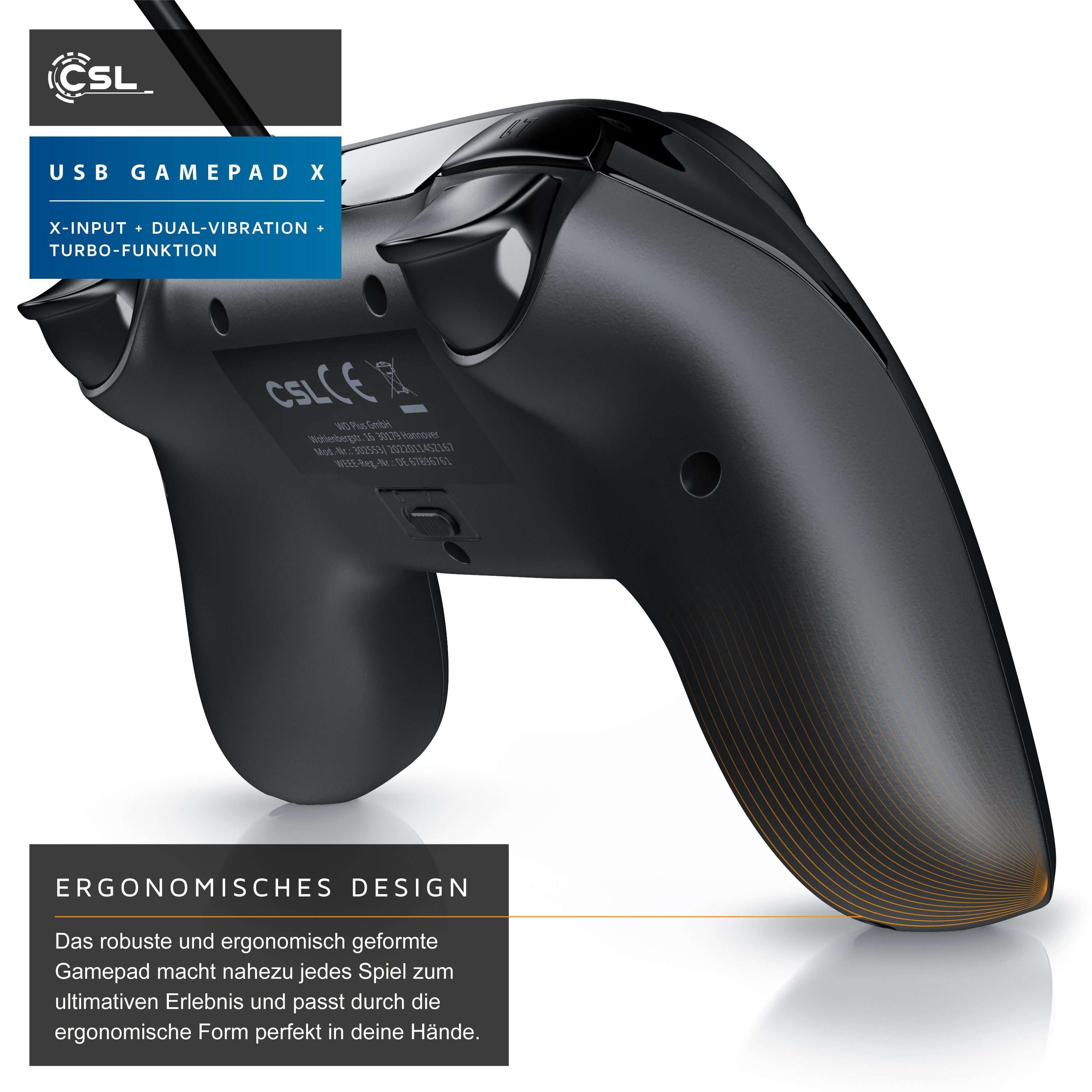 CSL Gaming-Controller (1 Funktion, Direct PS3 PC Vibration, Gamepad, & Turbo & St., X-Input) Dual
