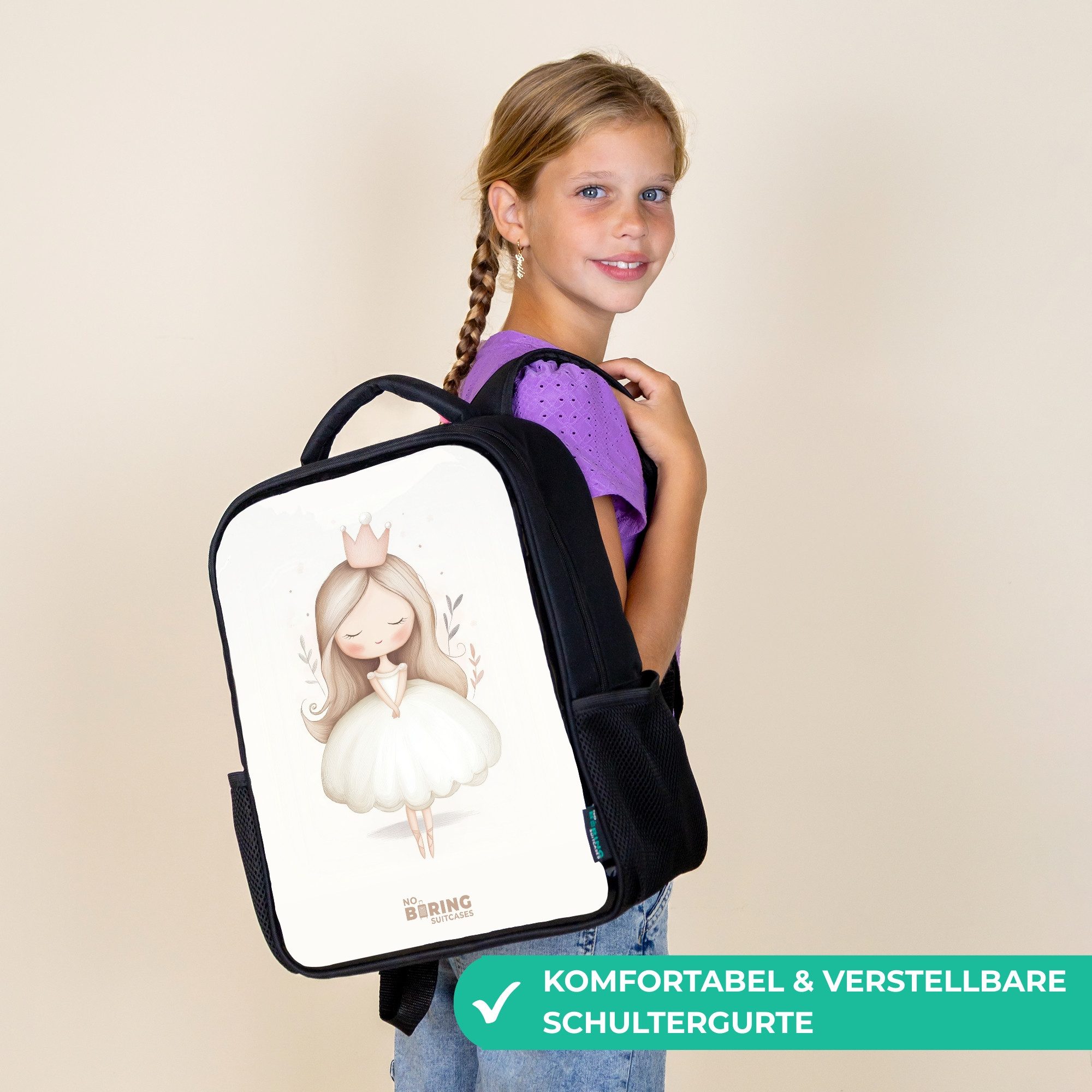NoBoringSuitcases.com© Rucksack Anmutige Prinzessin in Weiß, Kinderrucksack Schwarz, Schulrucksack, Freizeitrucksack Jungen Mädchen