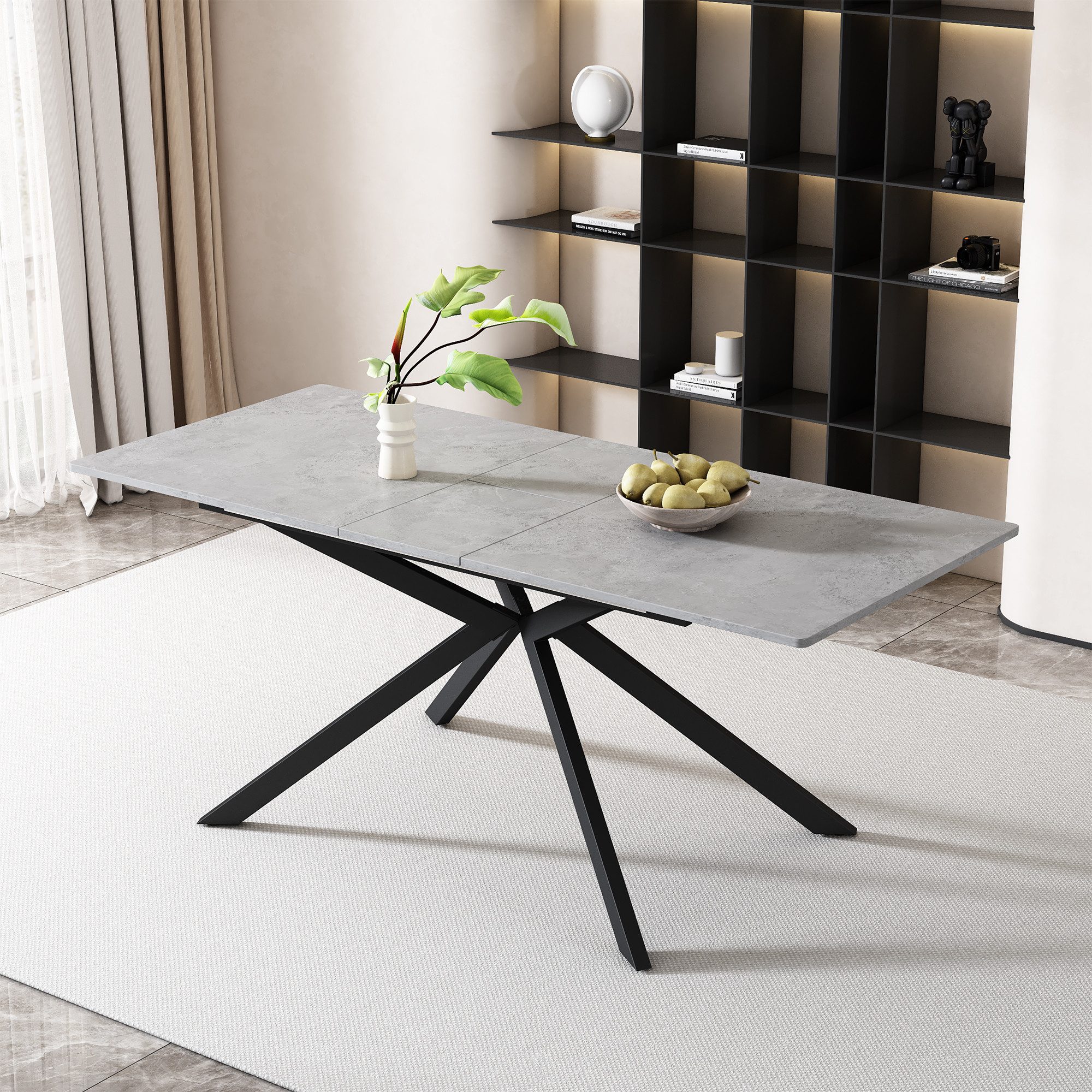 KLAM HOME Esstisch Erweiterbarer Esstisch Mit Automatischem Auszug Und Marmorstruktur (Modernes Kreuzbein Design In Schwarz Und Weiß Für Küche Und Wohnzimmer), Praktischer Multifunktionstisch Als Esstisch Und Couchtisch Nutzbar
