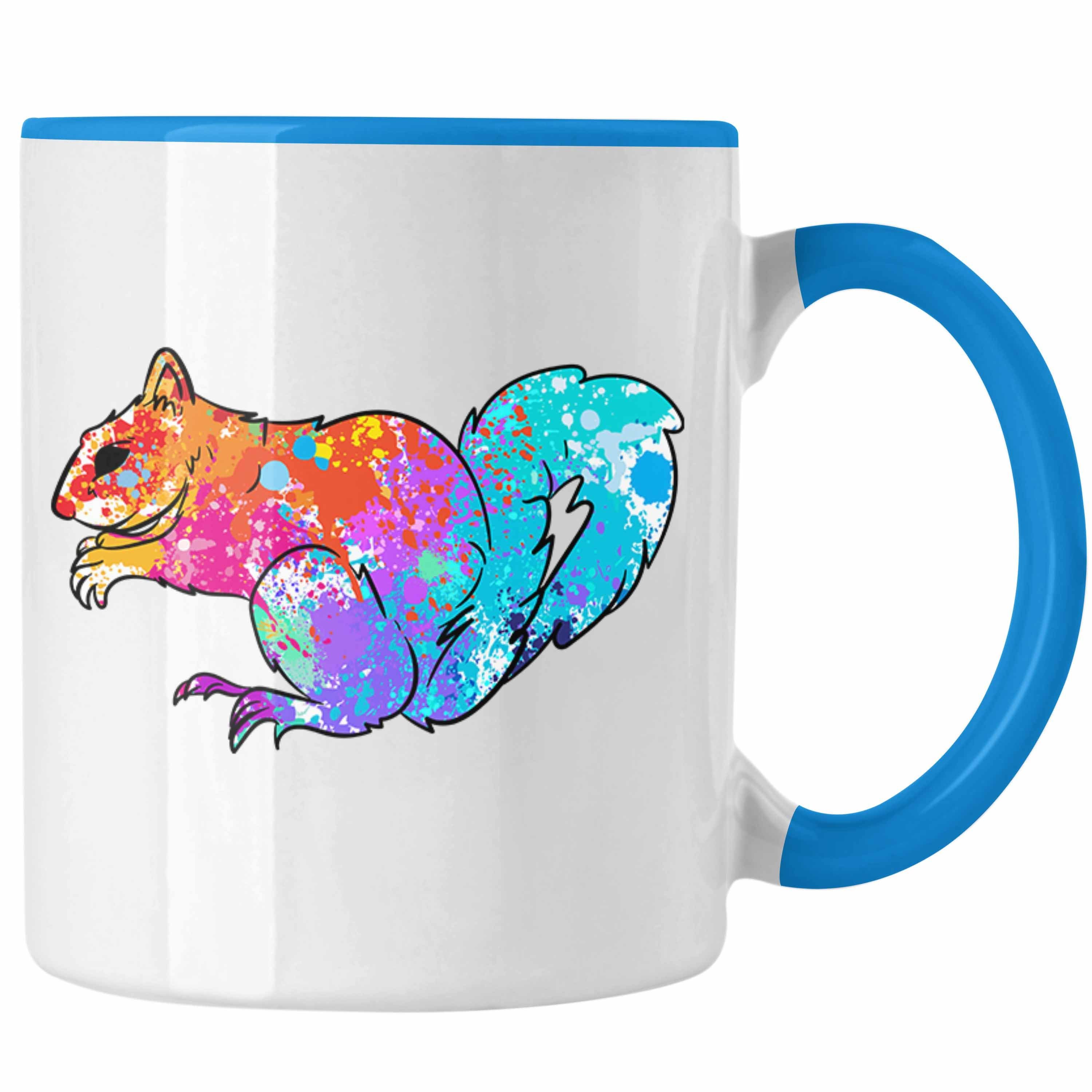 Trendation Tasse Bunte Eichhörnchen Tasse Geschenk für Natur- und Tierliebhaber Blau