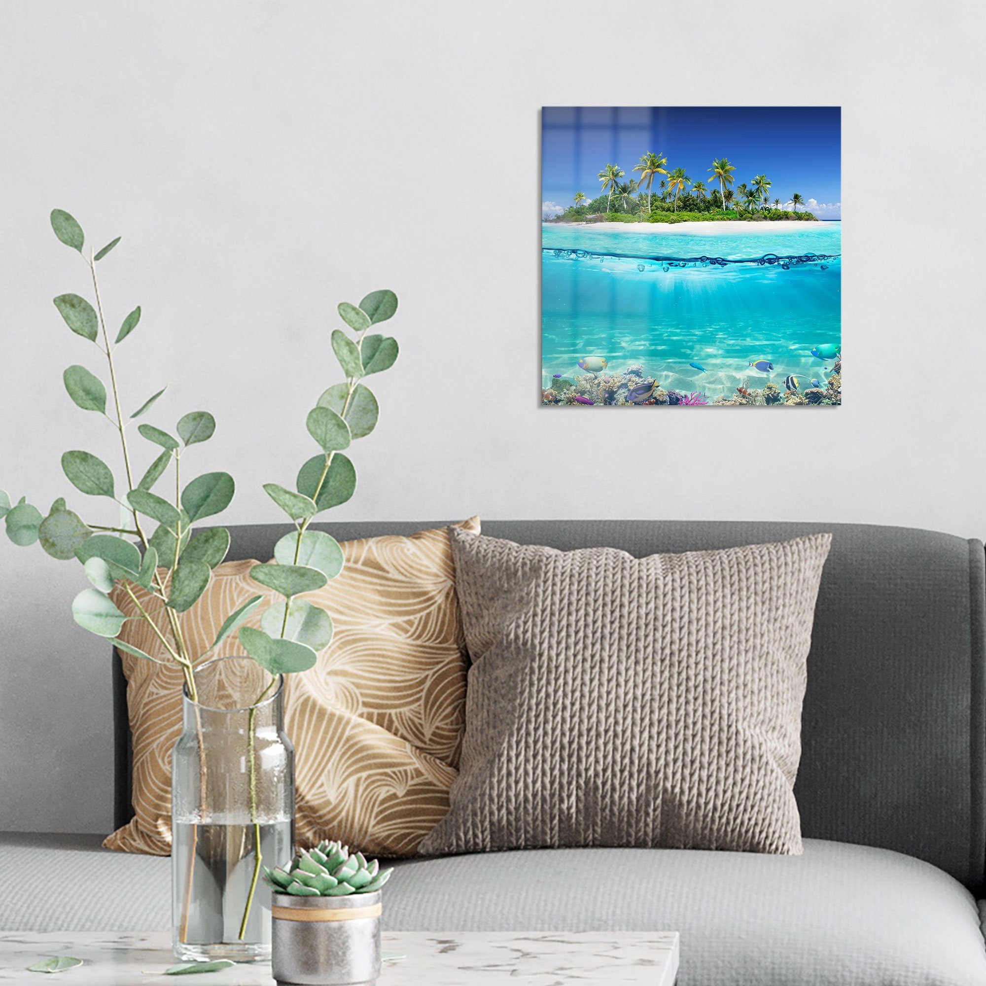 DEQORI Glasbild 'Insel im tropischen Meer', 'Insel im tropischen Meer', Glas Wandbild Bild schwebend modern
