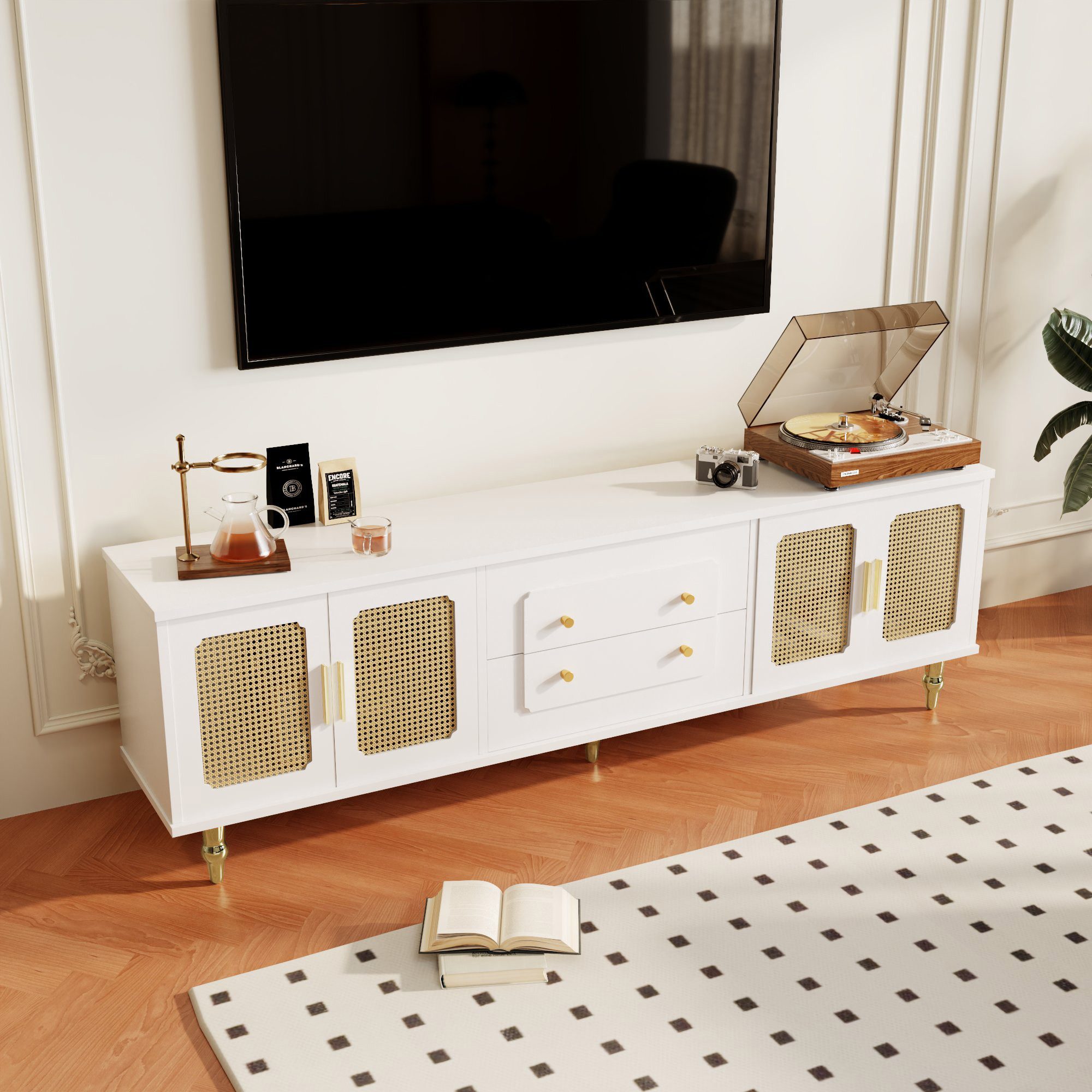 STILVORA Lowboard mit Schubladen,TV-Schrank Fernsehschrank mit Glastür&goldene Griffe (TV-Möbel,TV- Lowboard, mit 4 PVC-Rattantüren,2 Schubladen), 175*38*55,5cm, mit Push-to-Open-Funktion