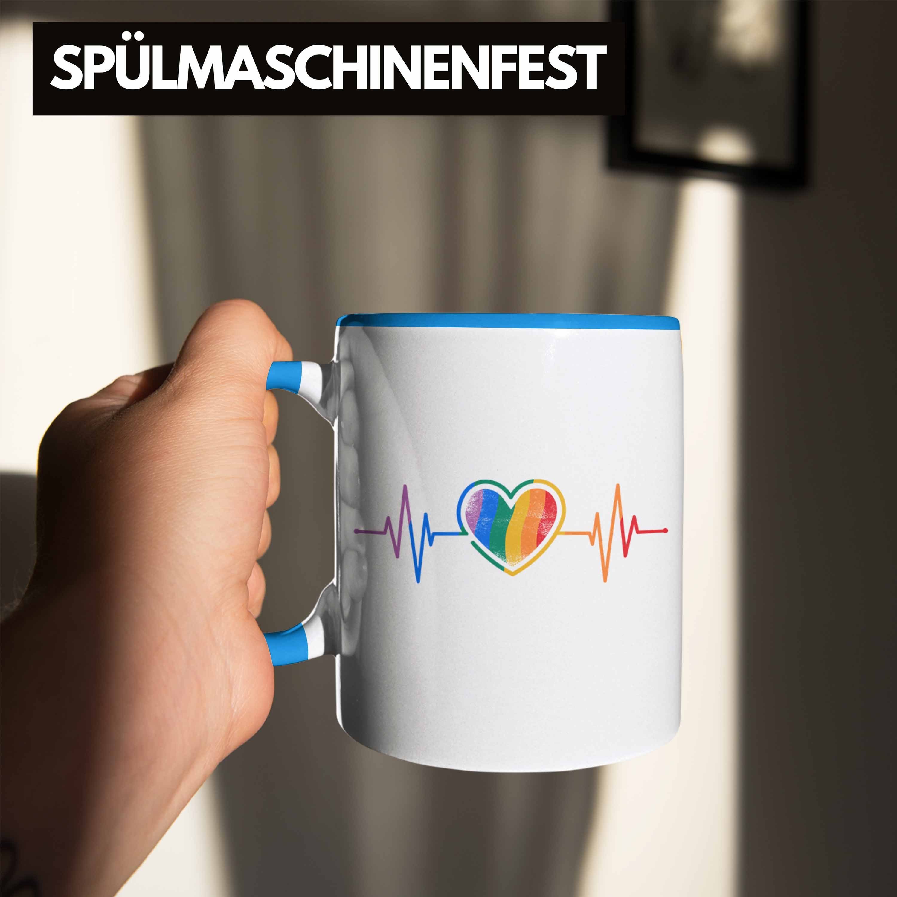 - Tasse Regenbogen Lesben Trendation für Schwule Grafik Herzschlag Transgender LGBT Geschenk Trendation Tasse Blau Lustige