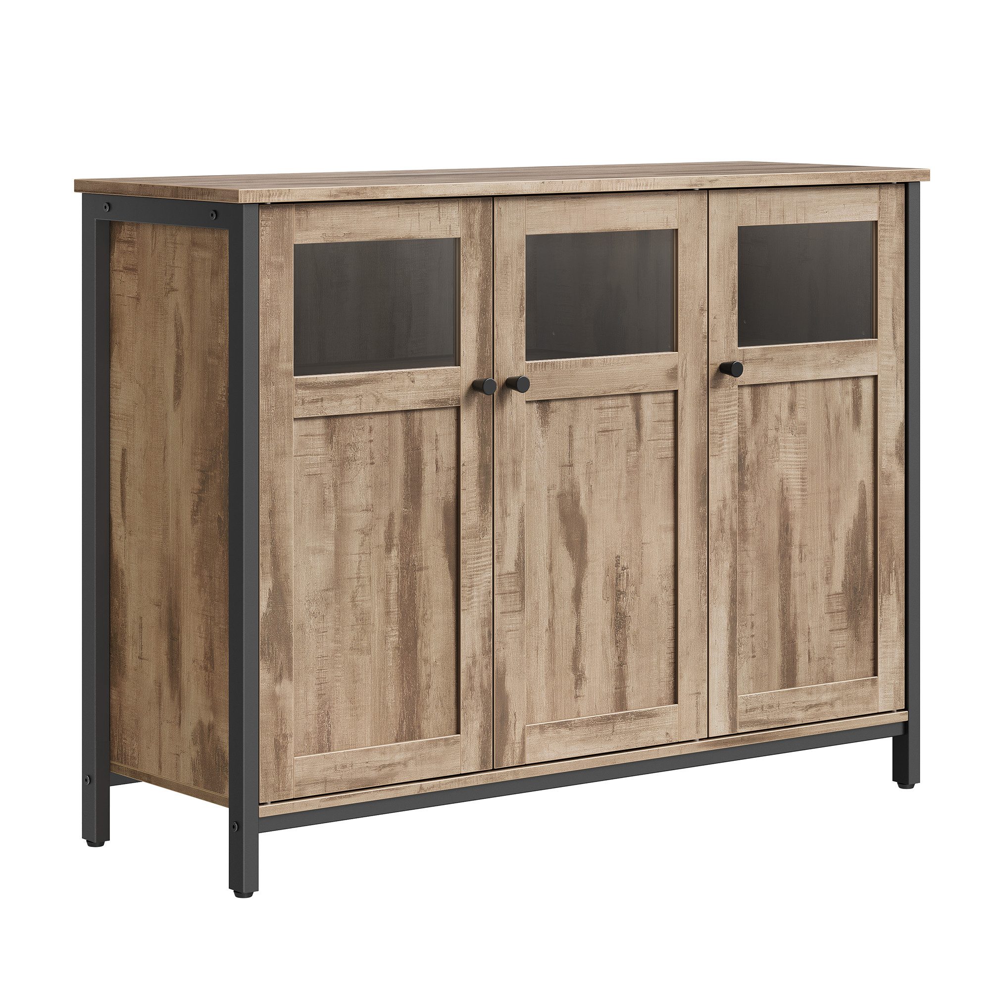 VASAGLE Sideboard Küchenschrank (Aufbewahrungsschrank, Stahlrahmen, Industrie, für Wohnzimmer, Küche, Esszimmer), 100 x 35 x 75 cm, verstellbaren Ablage, mit Glastüren