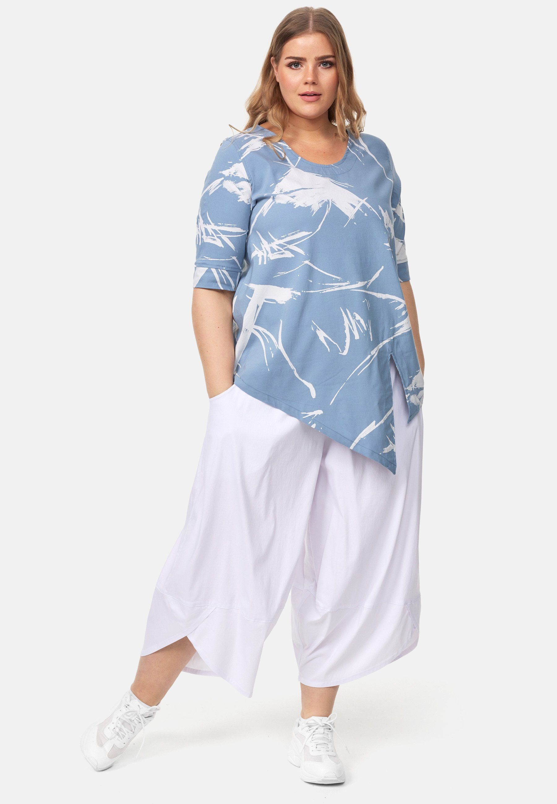 Kekoo Tunikashirt Blau Shirt mit in asymmetrischem Saum 'Flora' Tunika A-Line Muster