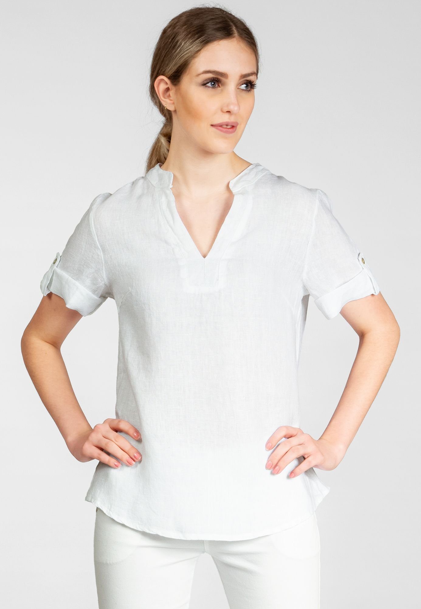 Caspar Shirtbluse BLU024 elegante Damen Halbarm Sommer Leinenbluse mit stylischem V-Ausschnitt weiss