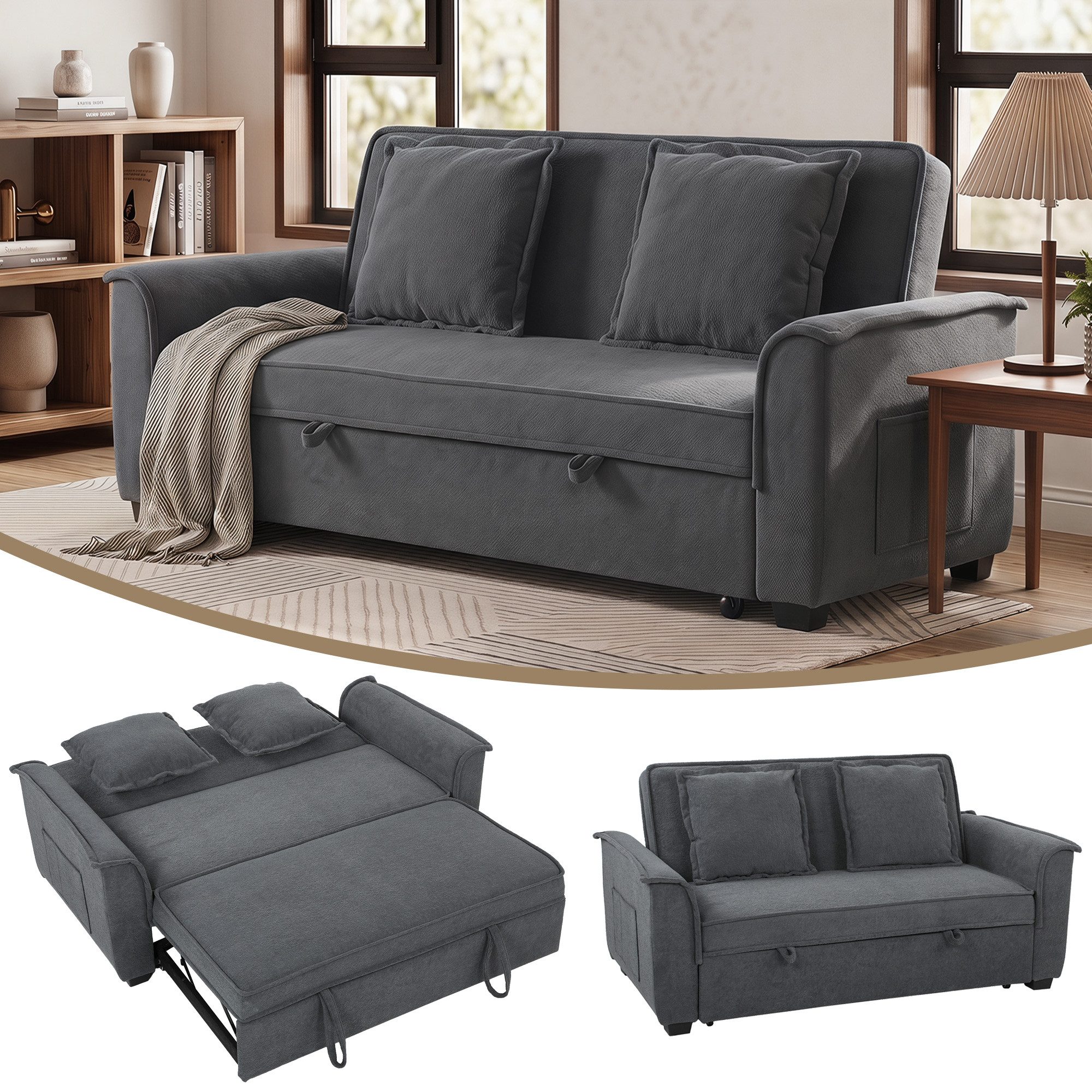 HOMCOM Schlafsofa 3-in-1 Schlafcouch mit Verstellbarer Rückenlehne, Seitentaschen, Set 1 Teile, für Wohnzimmer, Dunkelgrau