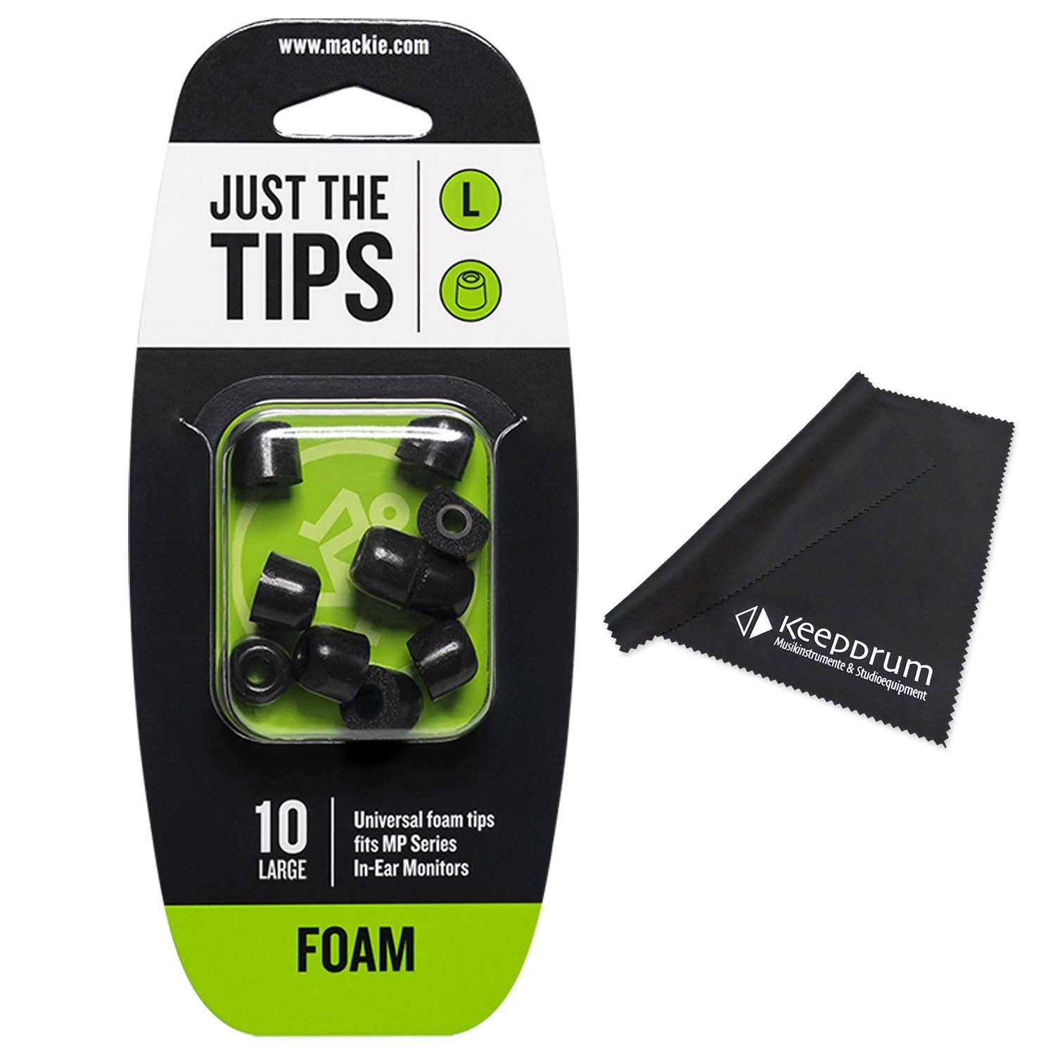 MACKIE Mackie Öhrstöpsel für In-Ear Kopfhörer Größe L mit Tuch In-Ear-Kopfhörer (Öhrstöpsel für In-Ear Kopfhörer, schwarz, Vorteils-Set mit Tuch)