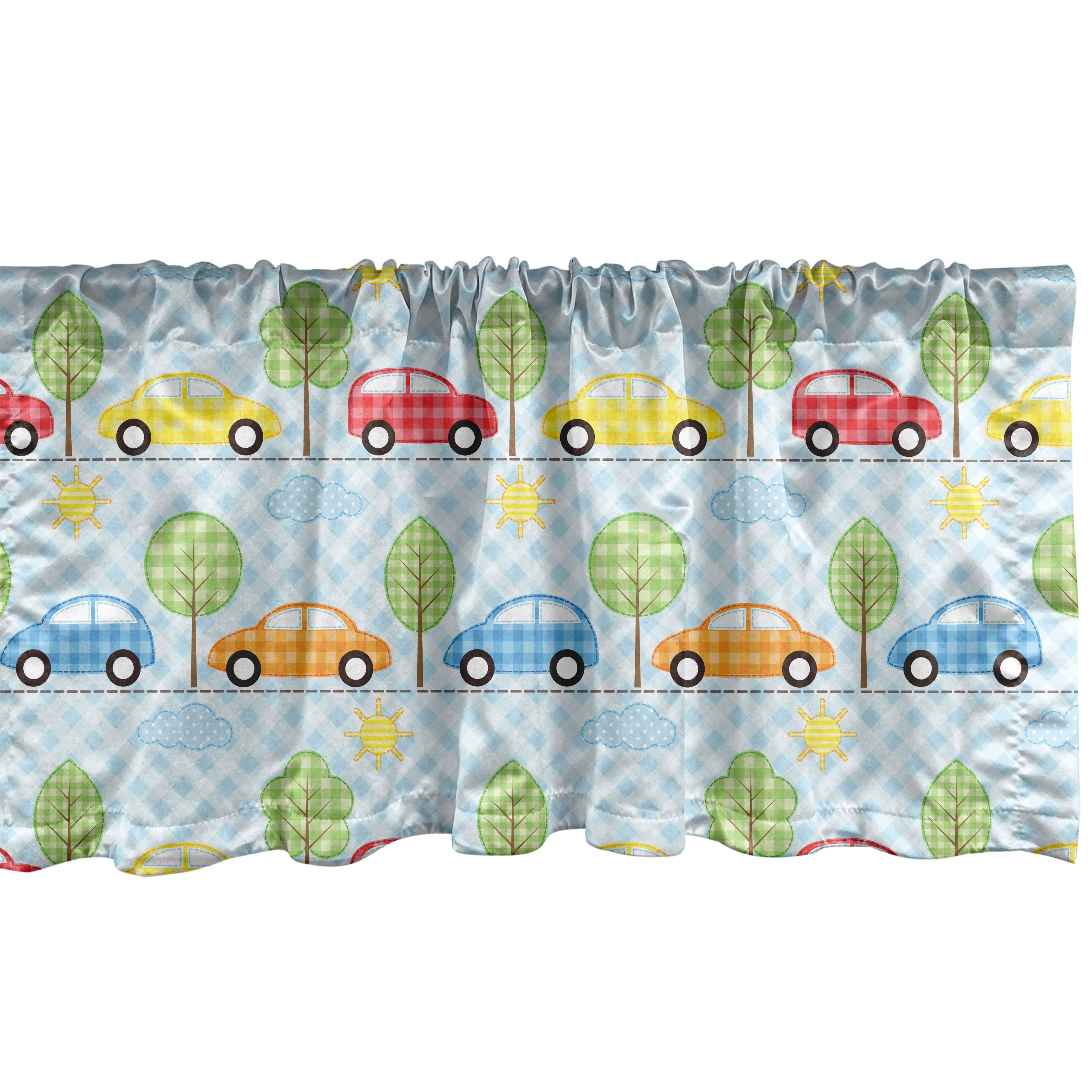 Scheibengardine Vorhang Volant für Küche Schlafzimmer Dekor mit Stangentasche, Abakuhaus, Microfaser, Baby Checkered Autos mit Bäumen