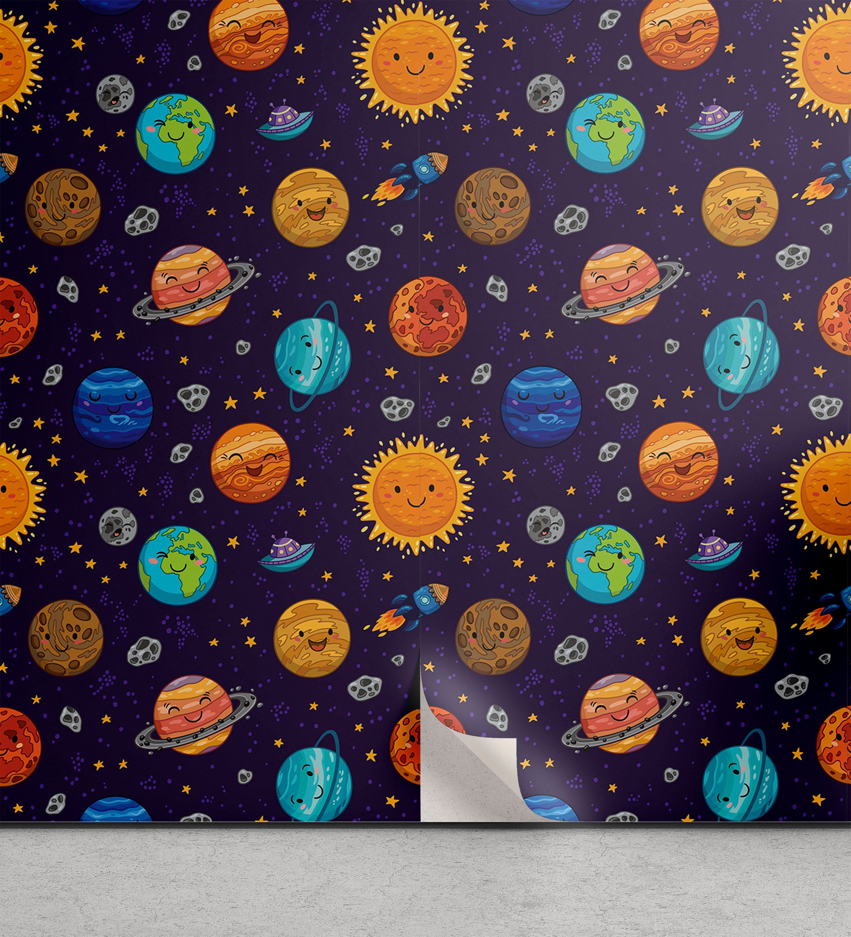 Abakuhaus Vinyltapete selbstklebendes Wohnzimmer Küchenakzent, Platz Fröhlich Planeten und Raketen