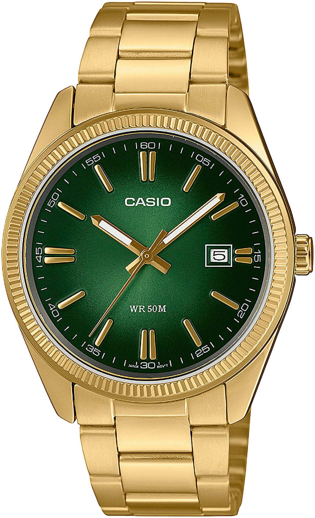 CASIO TIMELESS COLLECTION Quarzuhr MTP-1302PGC-3AVEF, Armbanduhr, Damenuhr, Herrenuhr, Edelstahlarmband, Neo-Display, Tag