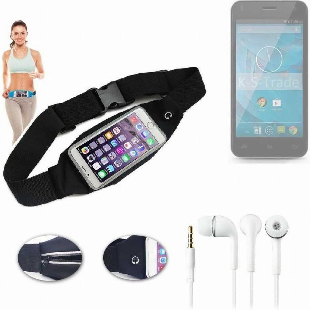 K-S-Trade Handyhülle für Qilive Q.4868, Bauchtasche Gürteltasche schwarz + Kopfhörer. Sport Running