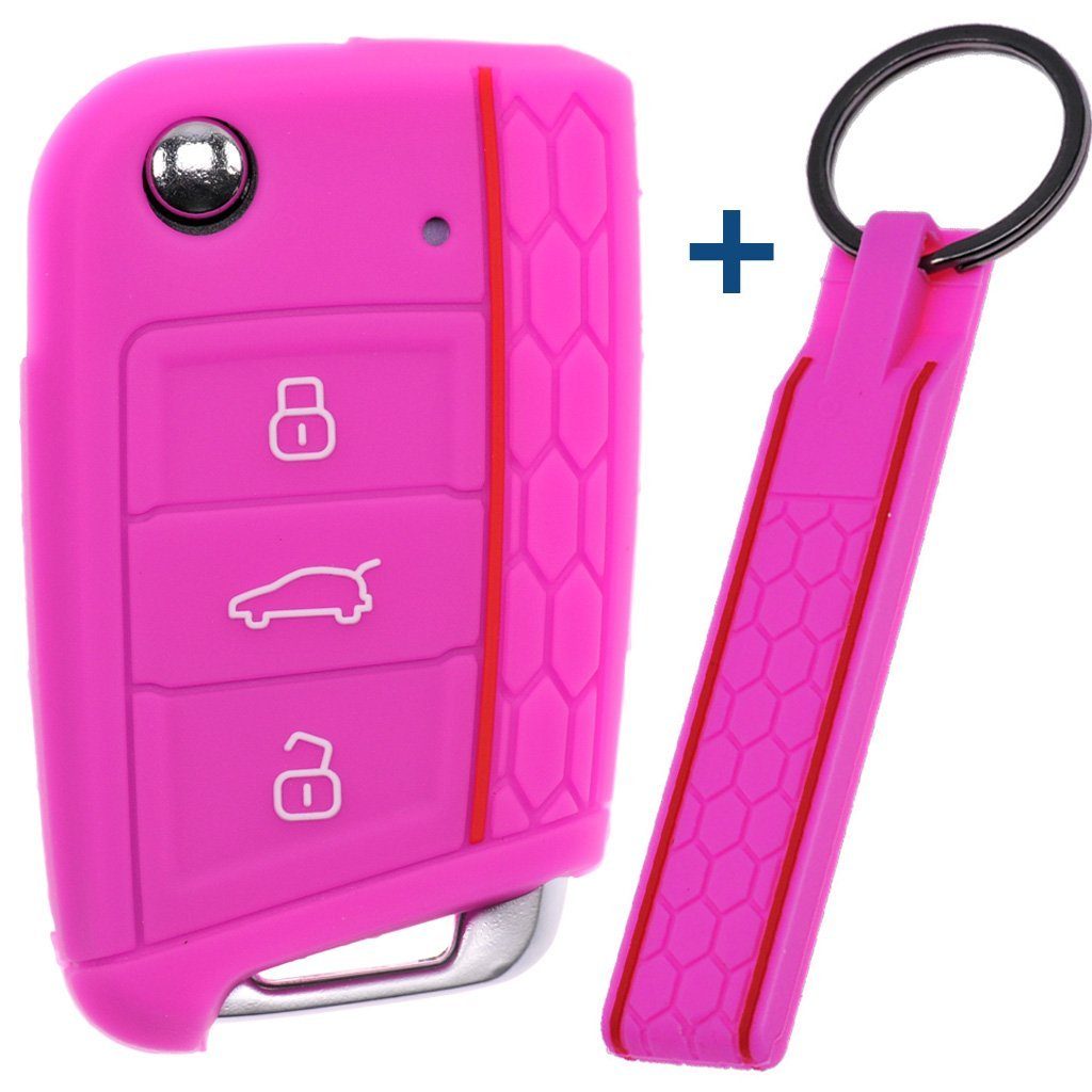 Schlüsseltasche Seat Skoda Octavia mt-key Kodiaq Polo Schlüsselband, Arona Leon für Schutzhülle Autoschlüssel passendem 7 Superb Pink mit 6C Golf Ateca Silikon