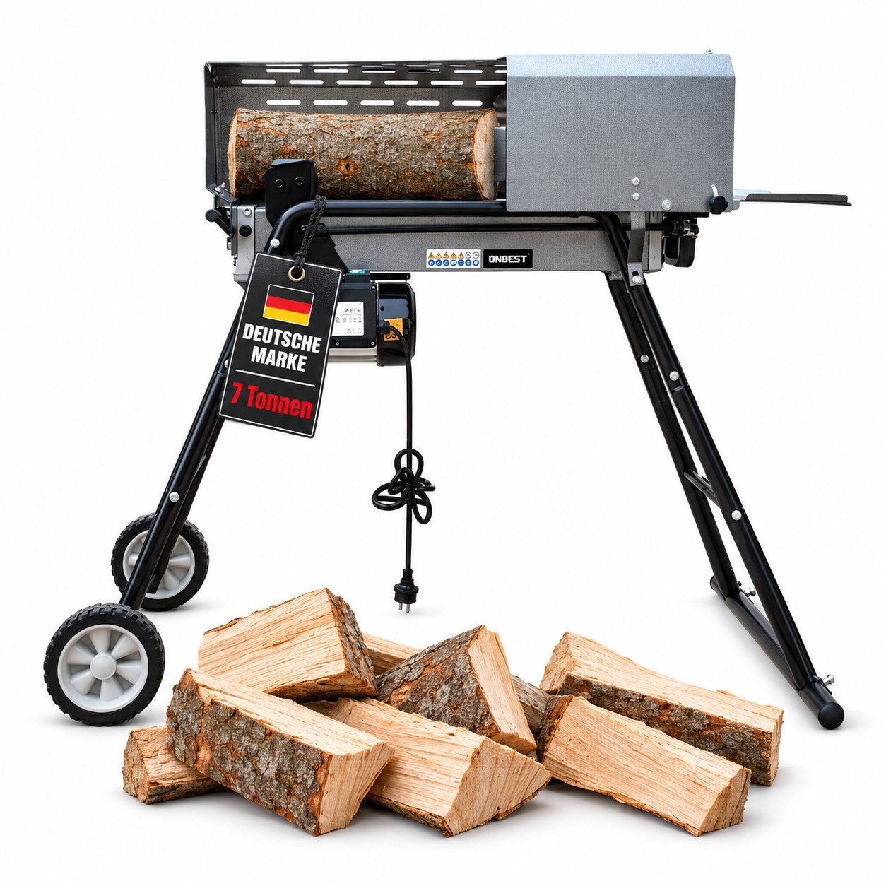 Onbest Elektroholzspalter Brennholz Spalter liegend 230V 2300W 7 Tonnen Spaltdruck bis Ø 250 mm, Spaltgutlänge bis 52 cm, Spaltgutdurchmesser bis 25 cm, mit Spaltkreuz, Räder, Zweihand-Bedienung, bis 520mm Stammlänge