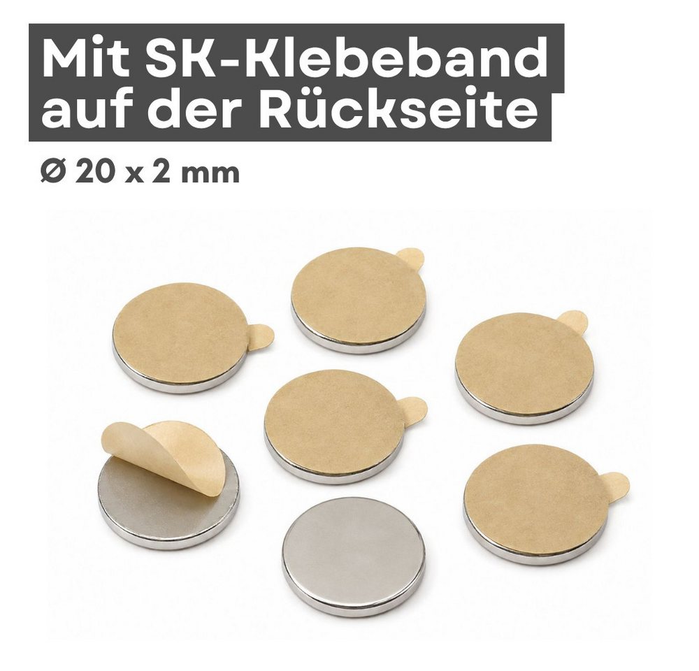 MaajeeKuto Magnet 3M Neodym Scheibenmagnet Ø20x2 mm selbstklebend N42 – 2,4 kg (2-St)