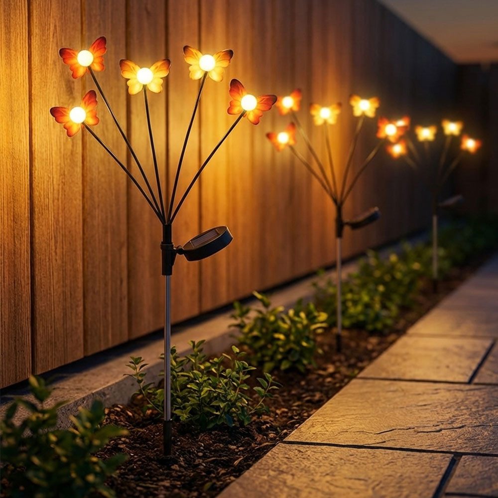Expo Börse LED Solarleuchte, LED-Leuchtmittel fest verbaut, Warmweiß, Stecklampe Solarlampe LED Gartenstecker Schmetterling H 68 cm 3er Set