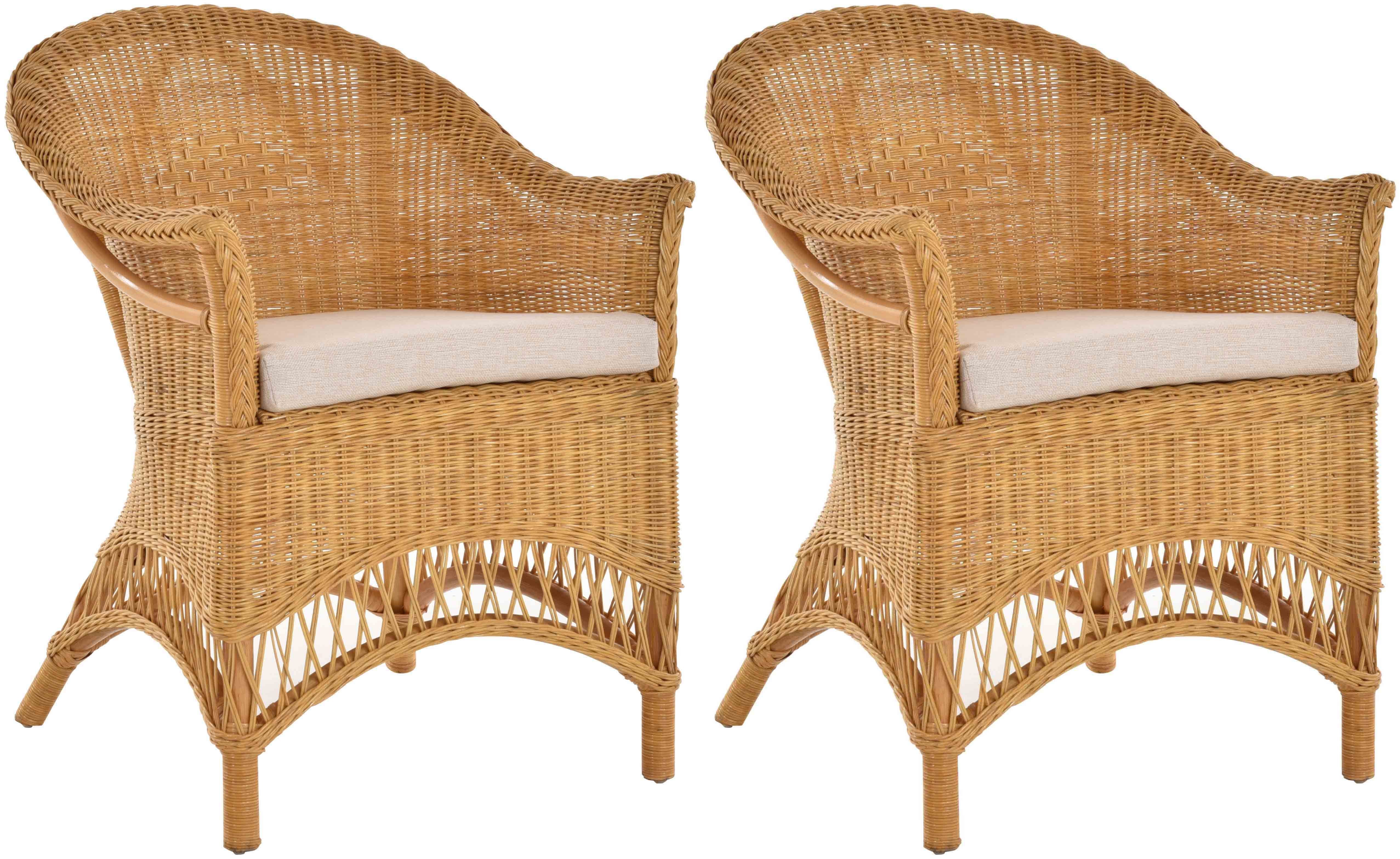 Krines Home Loungesessel 2er Set Extra breiter Rattansessel Landhaus Flechtsessel Wintergarten, Natur Rattan Sessel Korbsessel