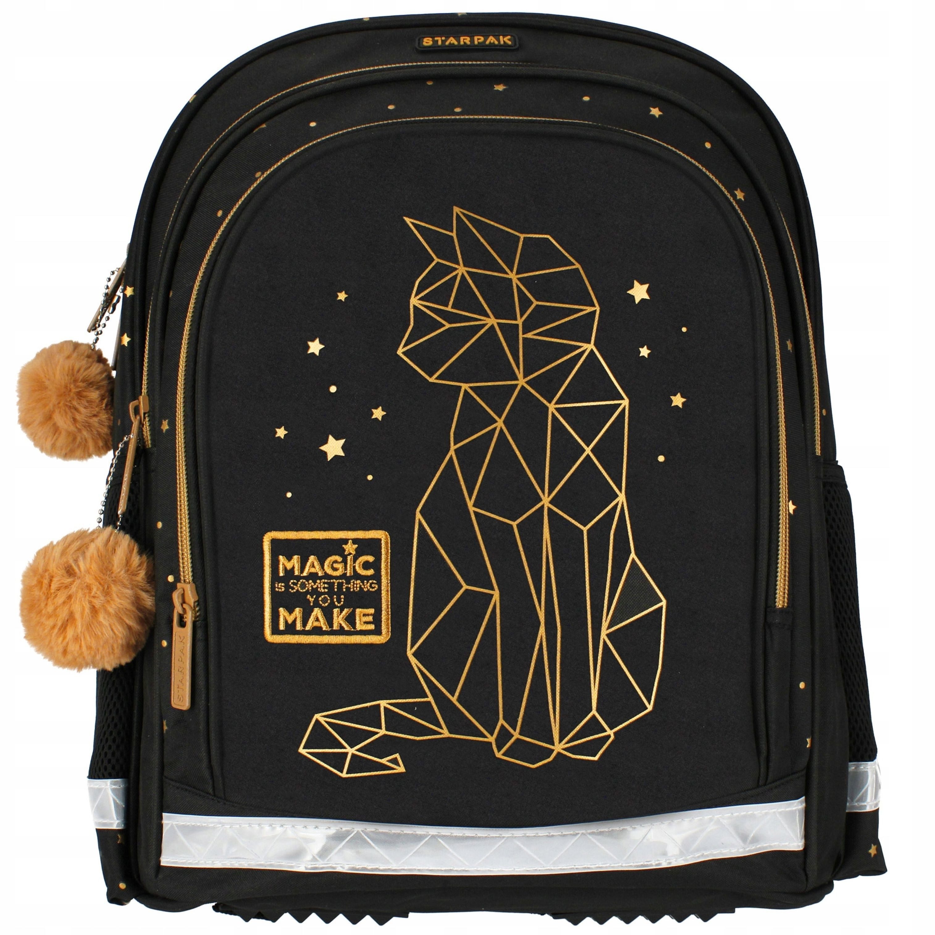 Starpak Schulrucksack Schulrucksack für Mädchen, schwarz-gold, ergonomisch, wasserfest.