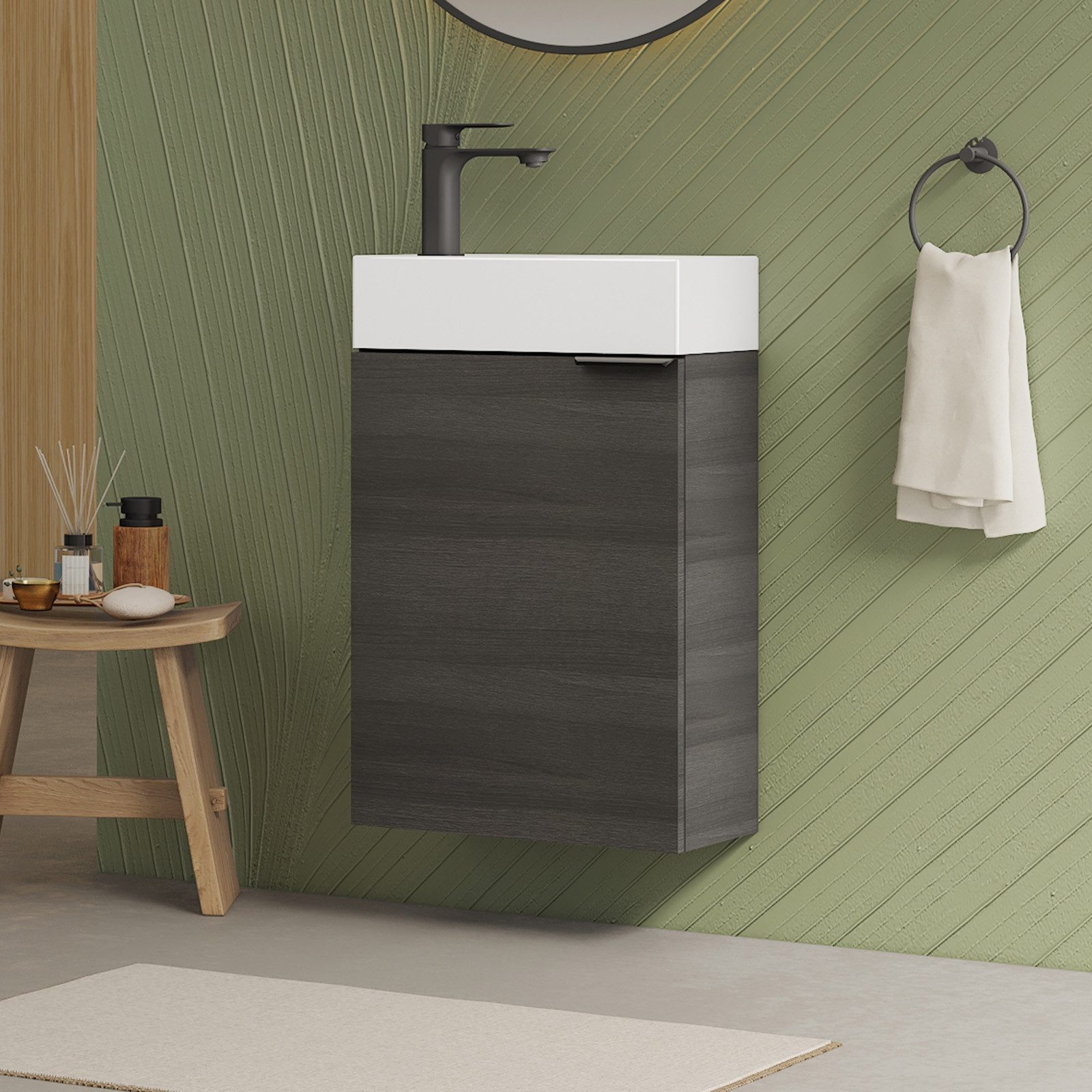 EMKE Waschtisch Kompakter Badschrank mit Waschbecken set 41,5 x 64 cm für kleine Bäder (2-St), Ultradünner Badschrank–Hängend und vormontiert, perfekt für kleine Bad