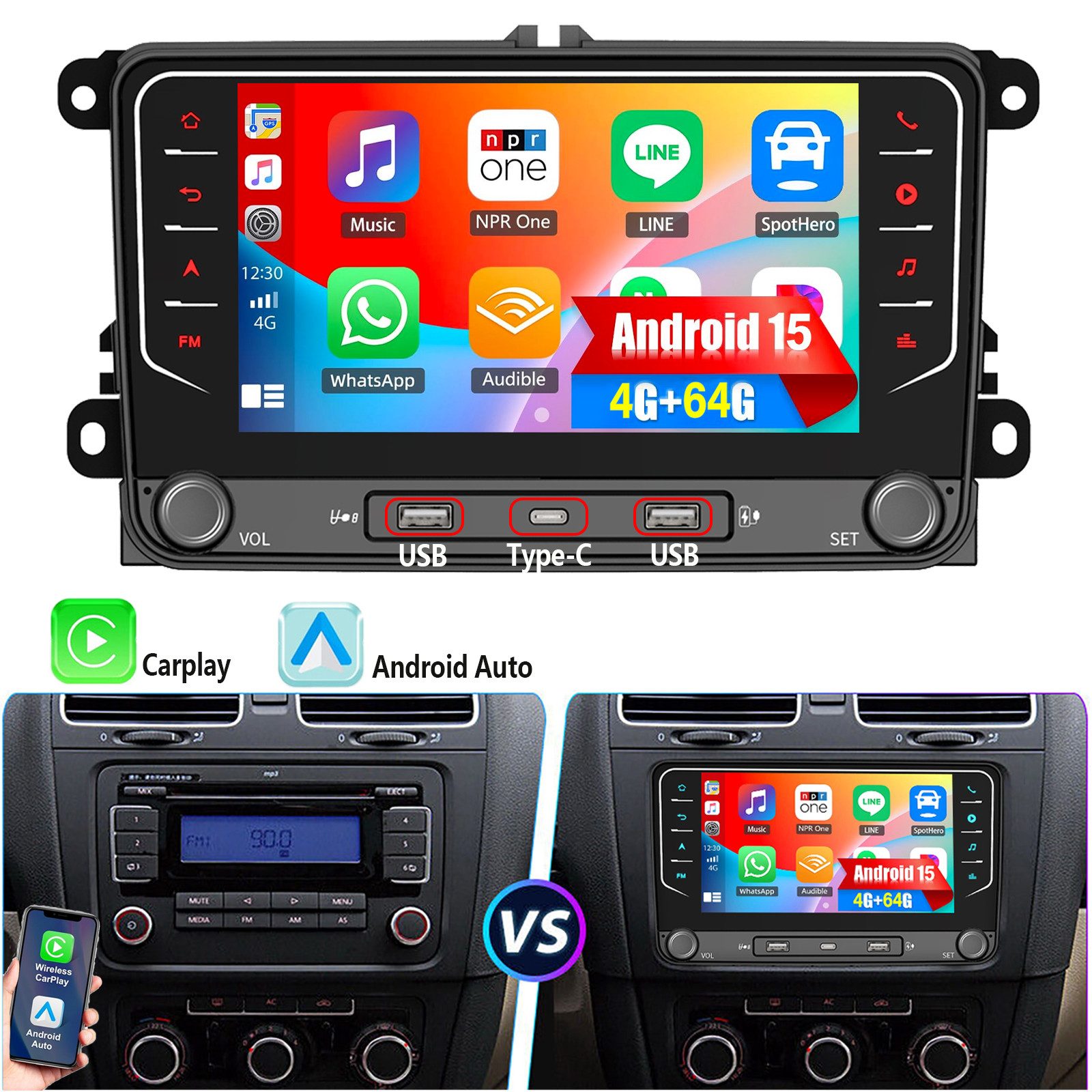 ESSGOO Android 15 Für VW GOLF 5 6 Touran EOS Tiguan Polo 6R Passat Caddy 2DIN Autoradio (RDS, 2DIN, 4+64G(optional), DAB (optional), FM, DAB+ (optional), Carplay Android Auto DAB (optional), RDS, FM, 4+64GB, SWC, GPS NAVI)