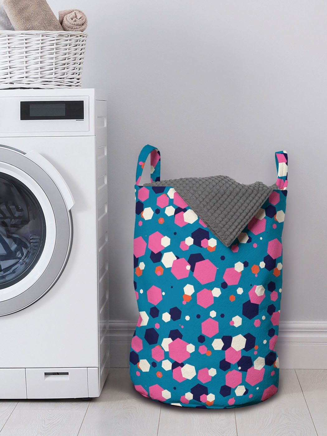 Blue Hexagone für einem Wäschesäckchen Waschsalons, mit Griffen Abakuhaus auf Back Geometrisch Wäschekorb Kordelzugverschluss