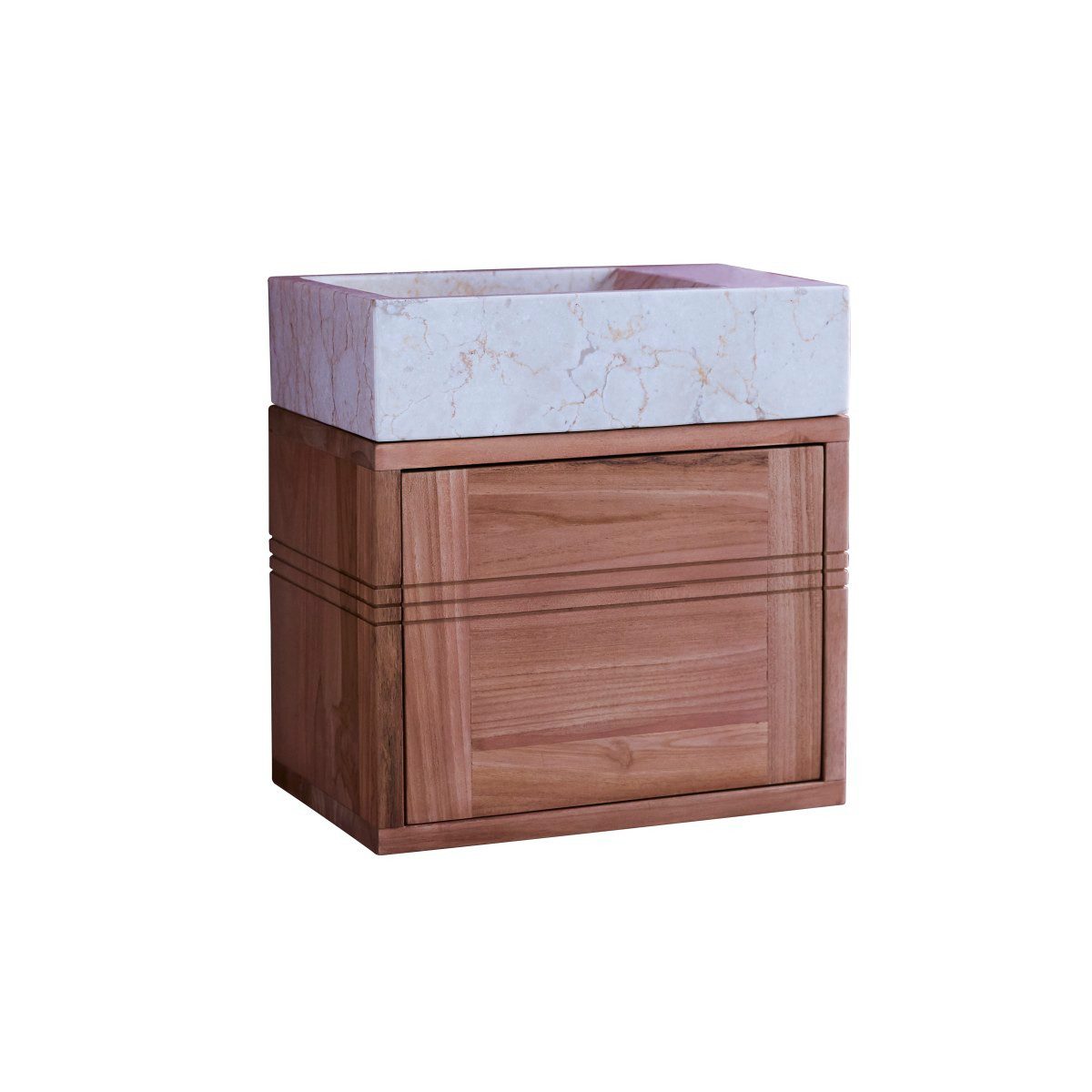 Tikamoon Waschtisch Badunterschrank aus Teakholz und Раковины aus cremefarbenem Marmor