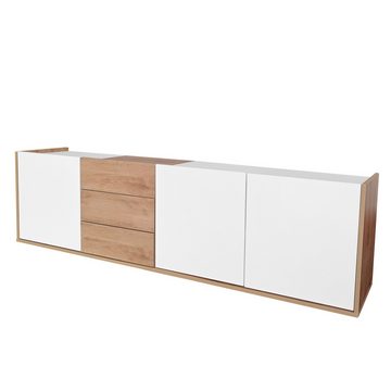 OKWISH TV-Schrank Lowboard Fernsehtisch (mit 3 Schubladen und 3 Türen) mit Paneel in Weiß und Holzfarben,TV-Board freistehend/hängend