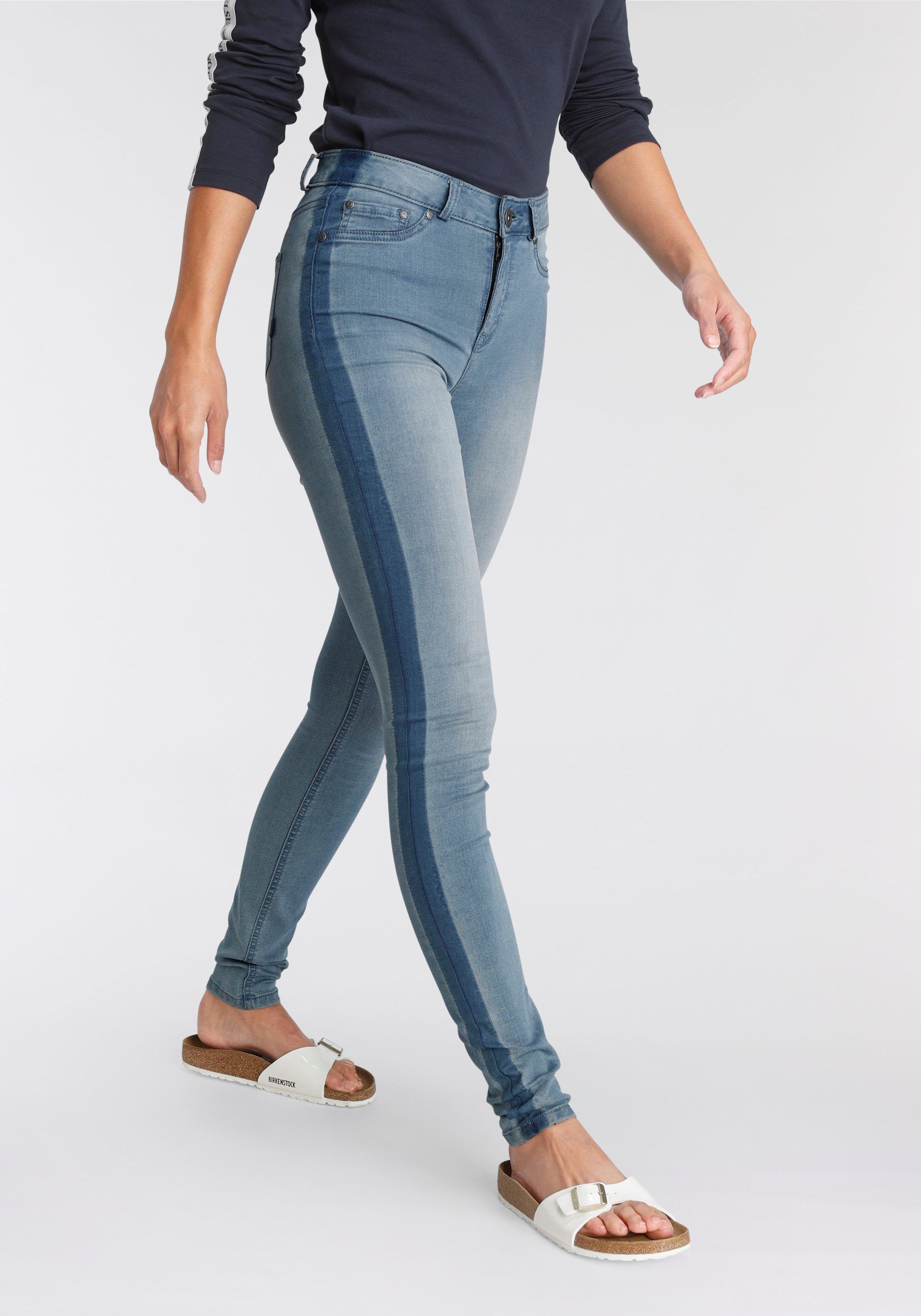 Arizona High Streifen blue-used seitlichem Skinny-fit-Jeans Stretch Waist mit Ultra