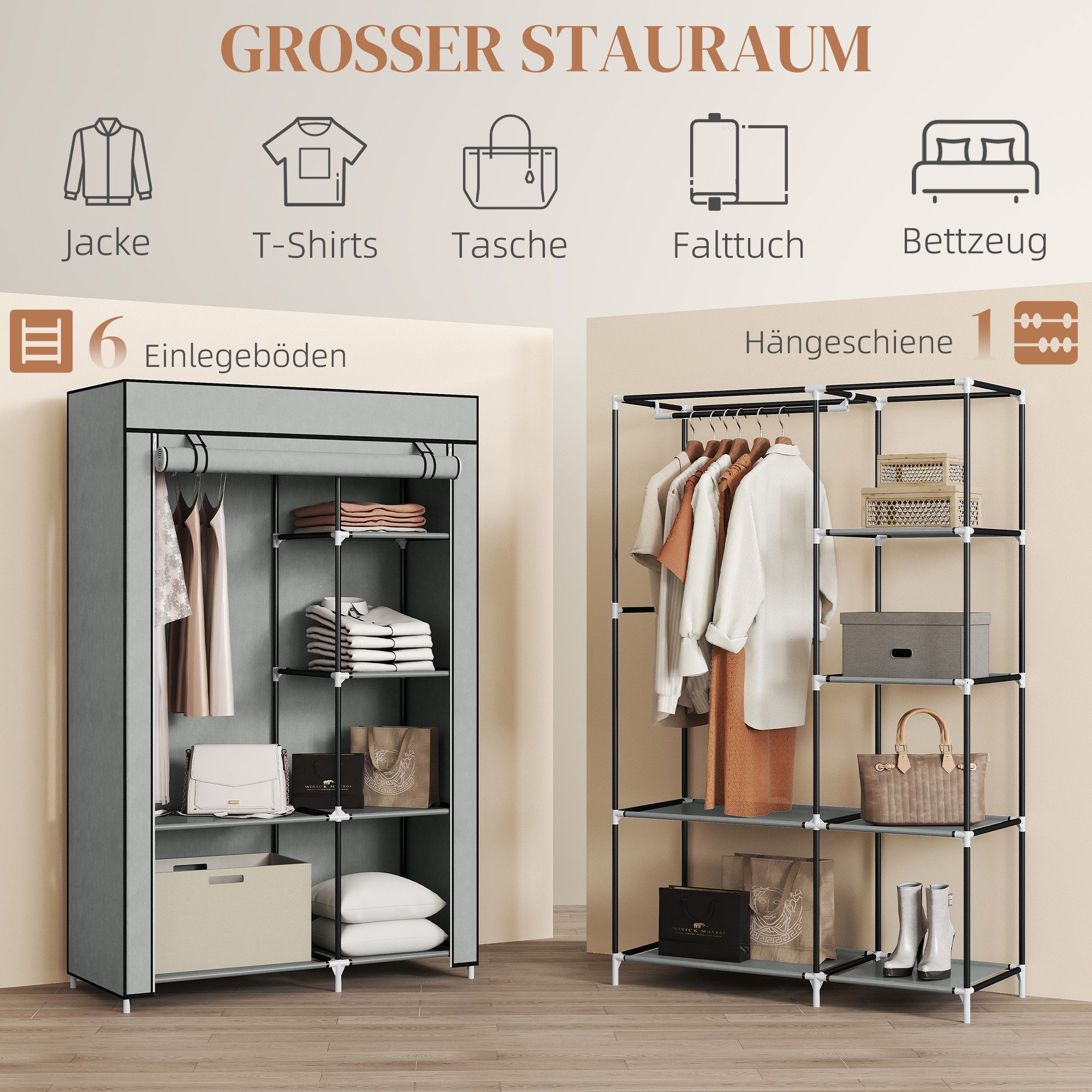 HOMCOM Stoffschrank Kleiderschrank mit 6 Ablagen und Kleiderstange, Ankleidezimmer (Kleiderständer, 1-St., Faltschrank) für Schlafzimmer, Flur, Grau, 103 x 43 x – Bild 4 von 5