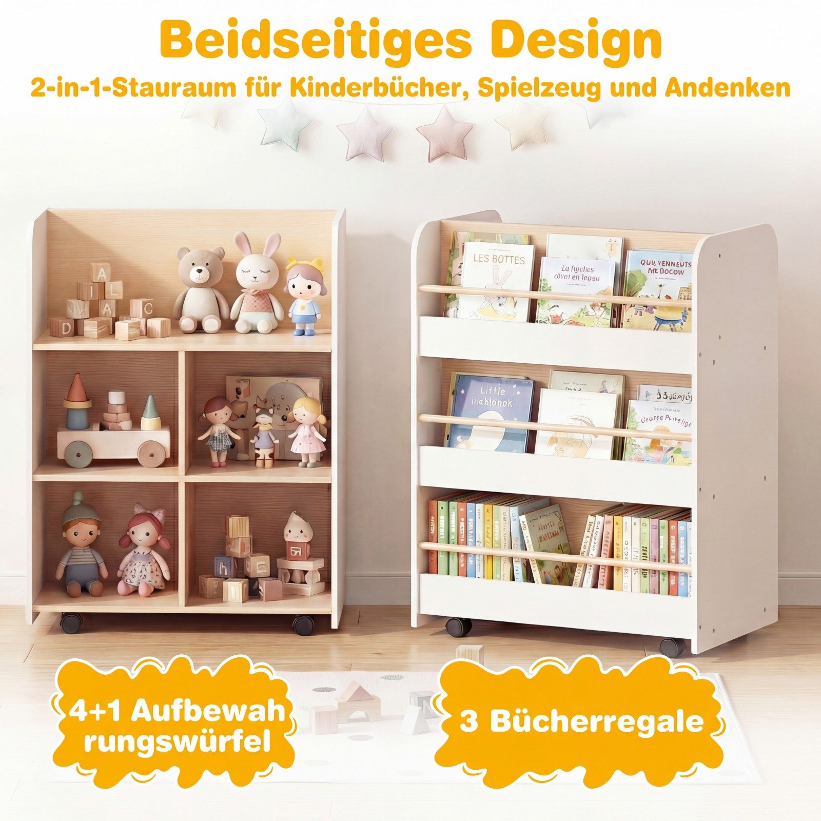 COSTWAY Kinderregal, 3-stöckiges doppelseitige Buchanzeige & Aufbewahrungswagen
