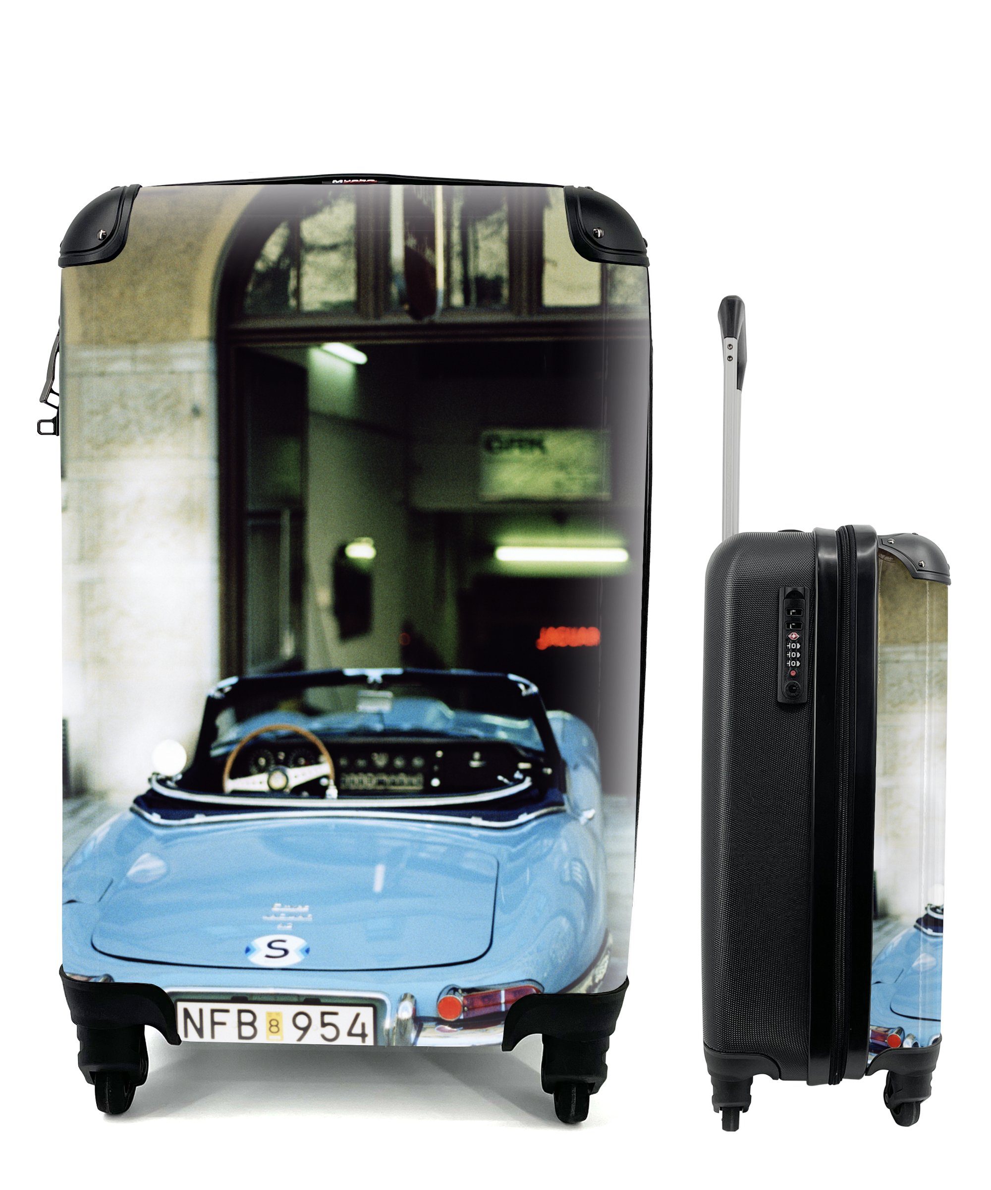 MuchoWow Handgepäckkoffer Oldtimer - Auto - Cabrio - Blau, 4 Rollen, Reisetasche mit rollen, Handgepäck für Ferien, Trolley, Reisekoffer