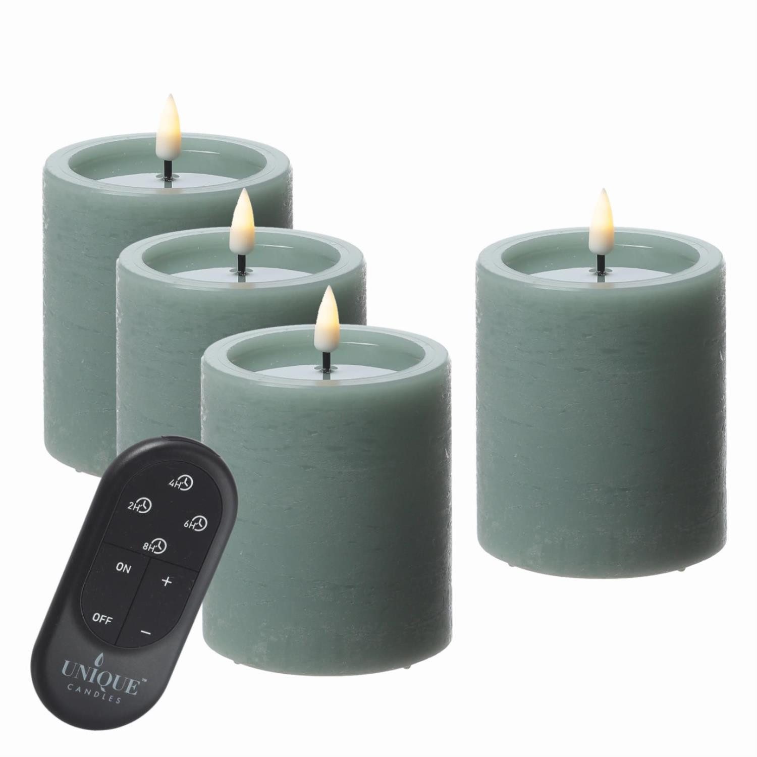 UNIQUE candles LED-Kerze LED Kerzenset UNIQUE Rustik-Optik H: 15cm mit Batterien Fernb. 4er Set, LED Classic, warmweiß (2100K bis 3000K)