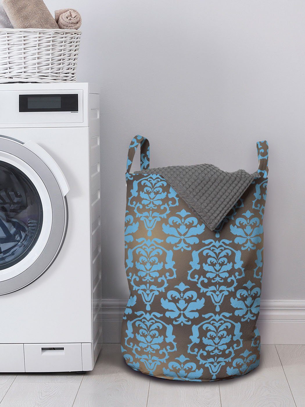 Waschsalons, Blau Abakuhaus mit Kordelzugverschluss Wäschekorb Damast-Motive und Wäschesäckchen für Brown Griffen