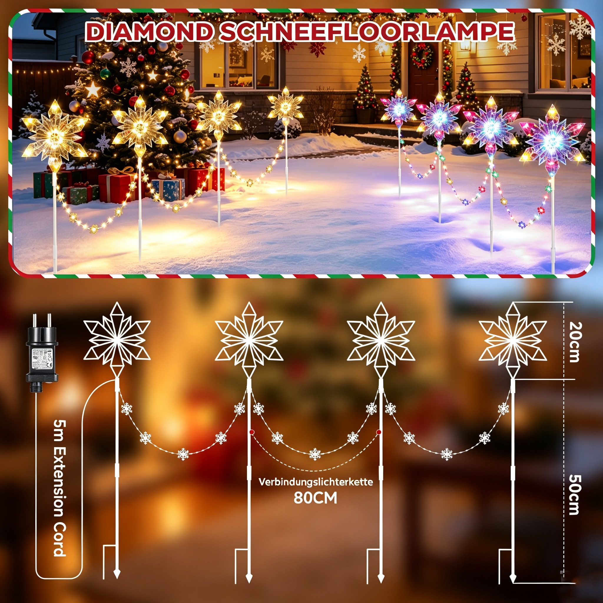 Quntis Lichterkette Weihnachtsdeko LED Sternlichter 4er Set mit Erdspieß und Timerfunktion, Farbwechsel Warmweiß mit 8 Modi für Garten Schneeflocken-Steckleucht – Bild 5 von 5
