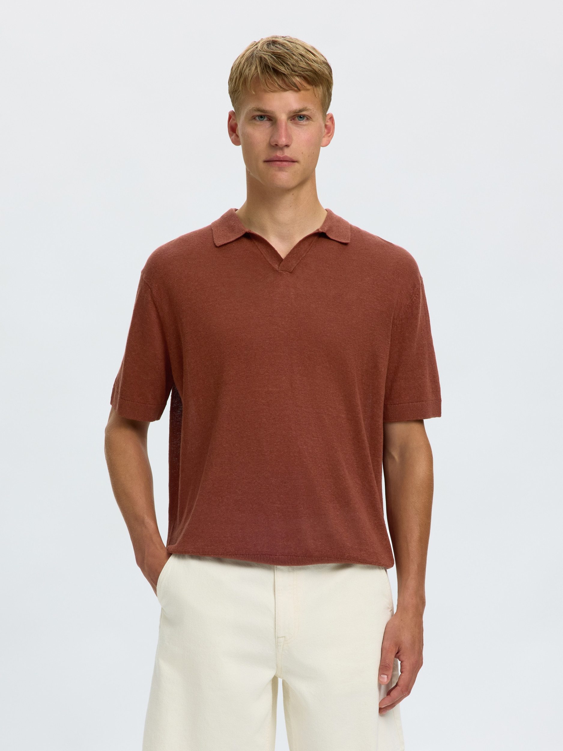 SELECTED HOMME Strickpullover SLHJERRY LINEN SS OPEN POLO